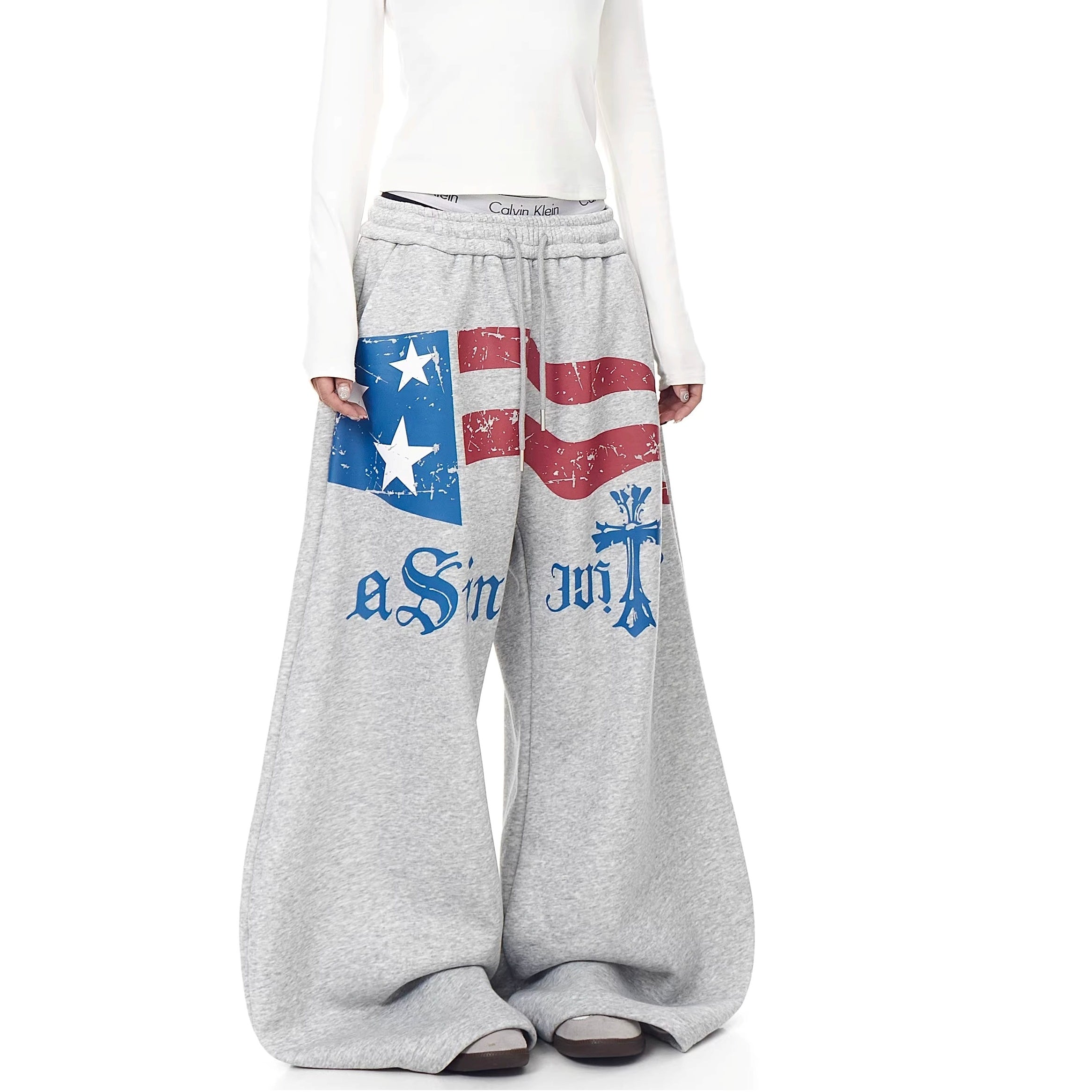 Flag Print Wide Sweat Curve Pants BK7067