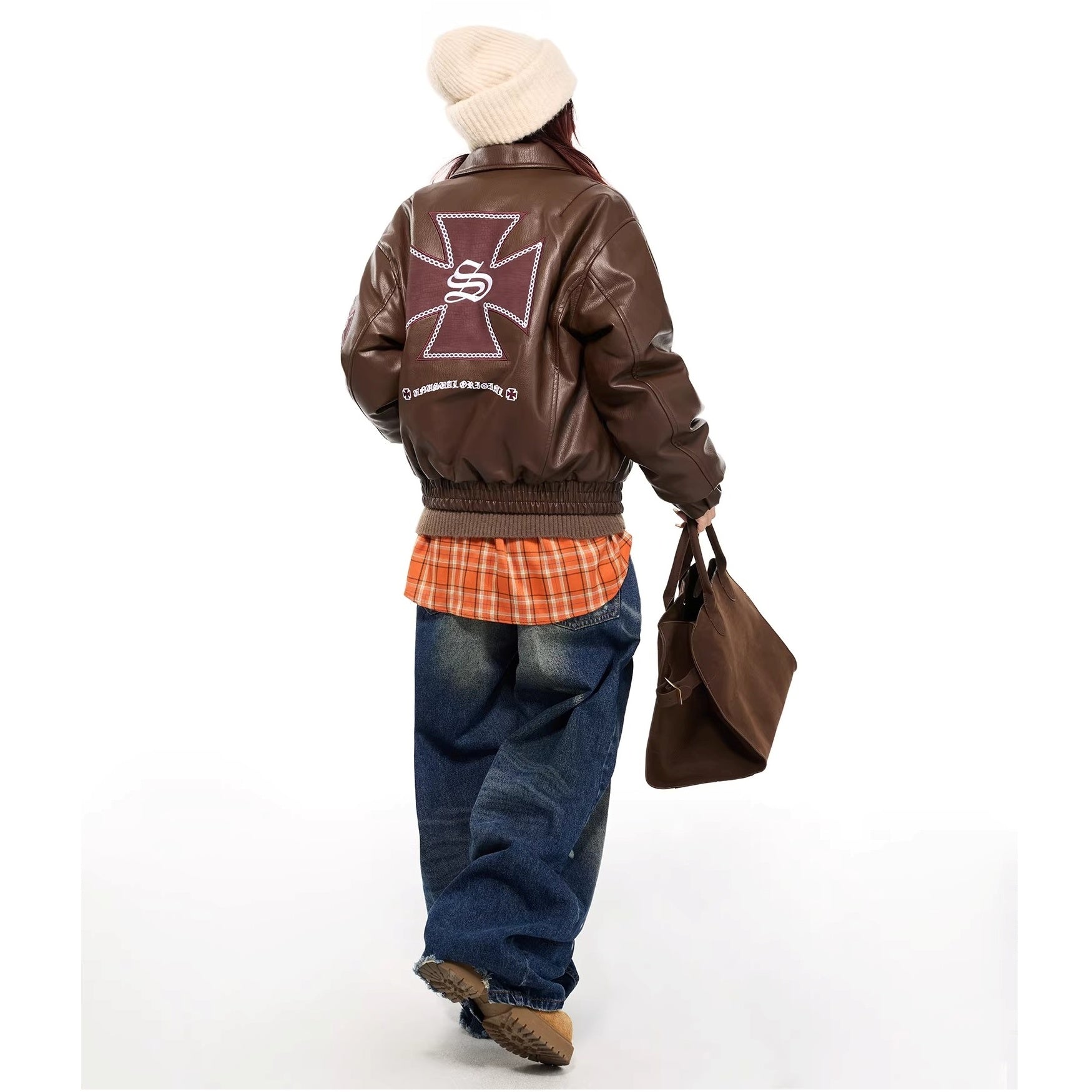 Cross Embroidery PU Leather Jacket MW10307