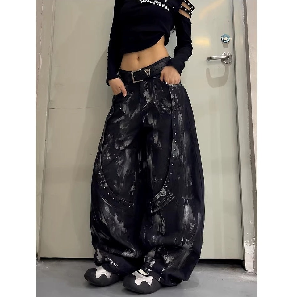 Stained Washed Studded Wide-leg Curve Jeans MW10364