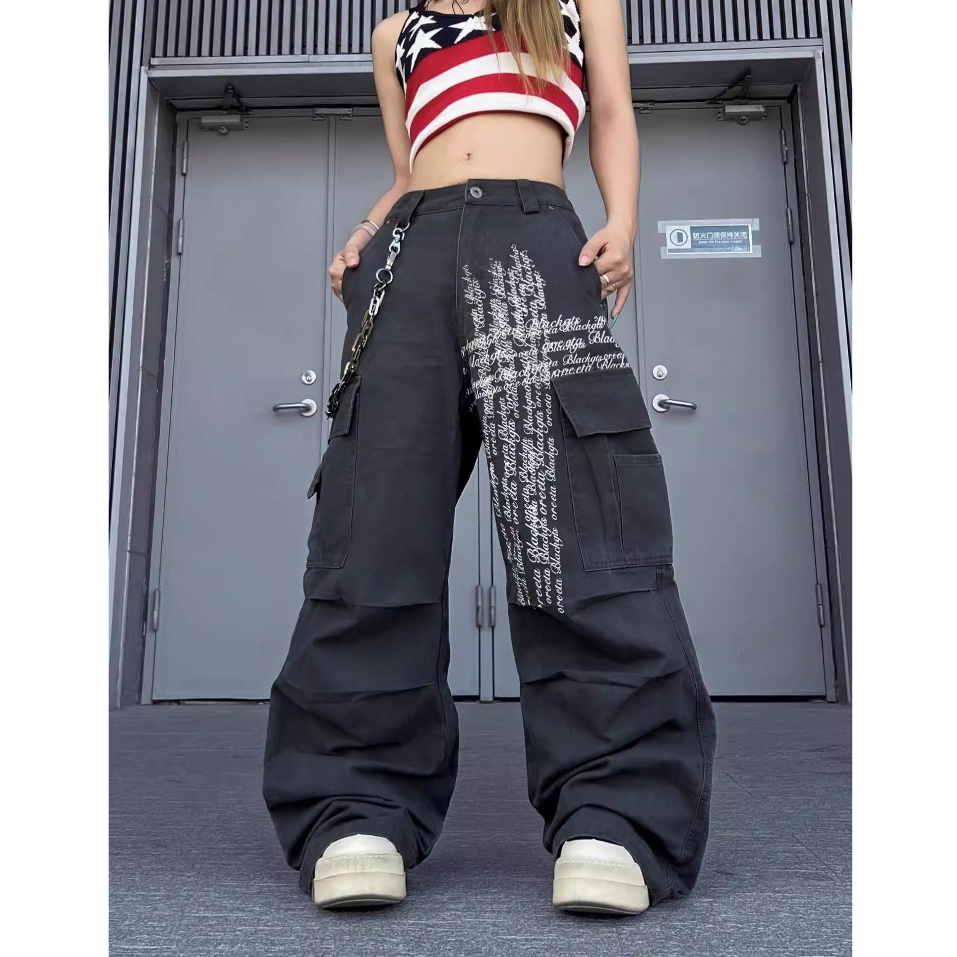 Letter Print Damage Pleats Cargo Pants MW10343