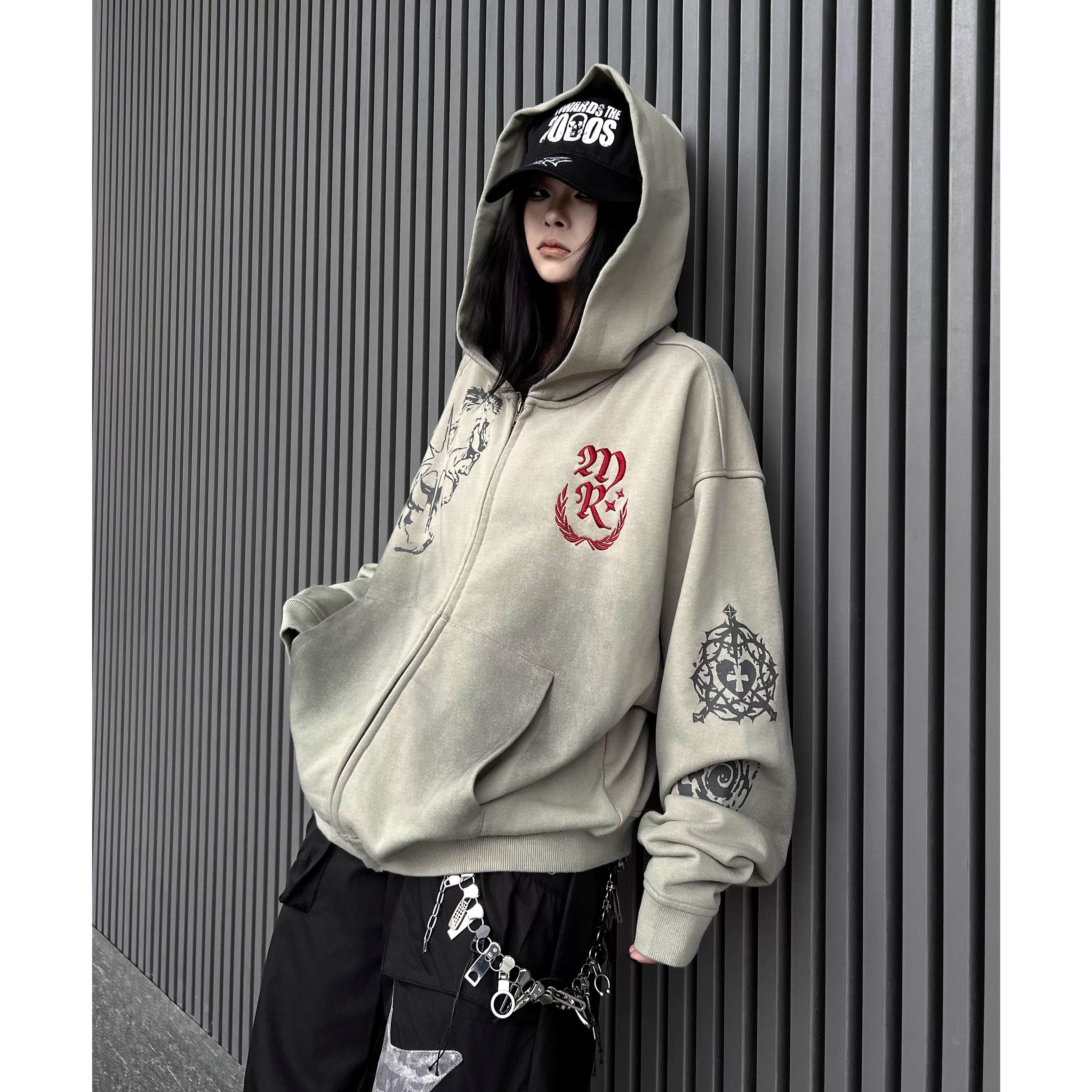 Dirty Washed Embroidery Zipper Hooded Parka MW10352