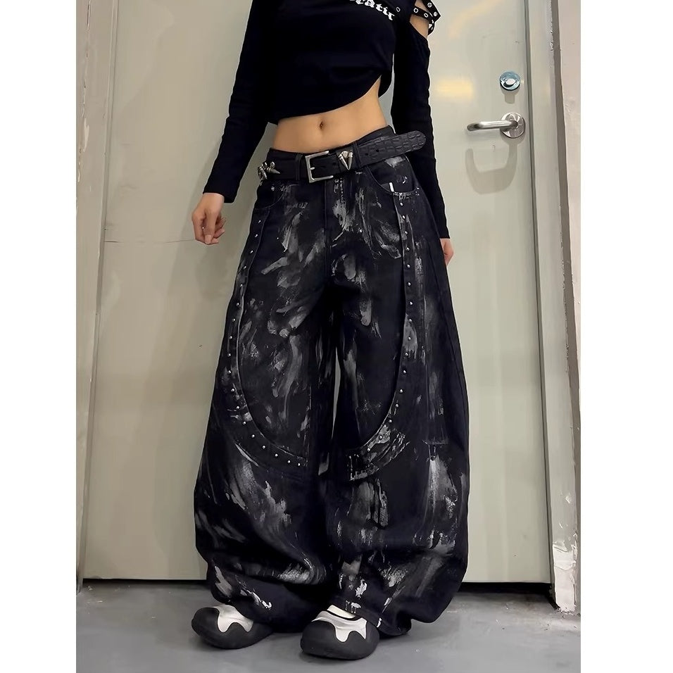 Stained Washed Studded Wide-leg Curve Jeans MW10364