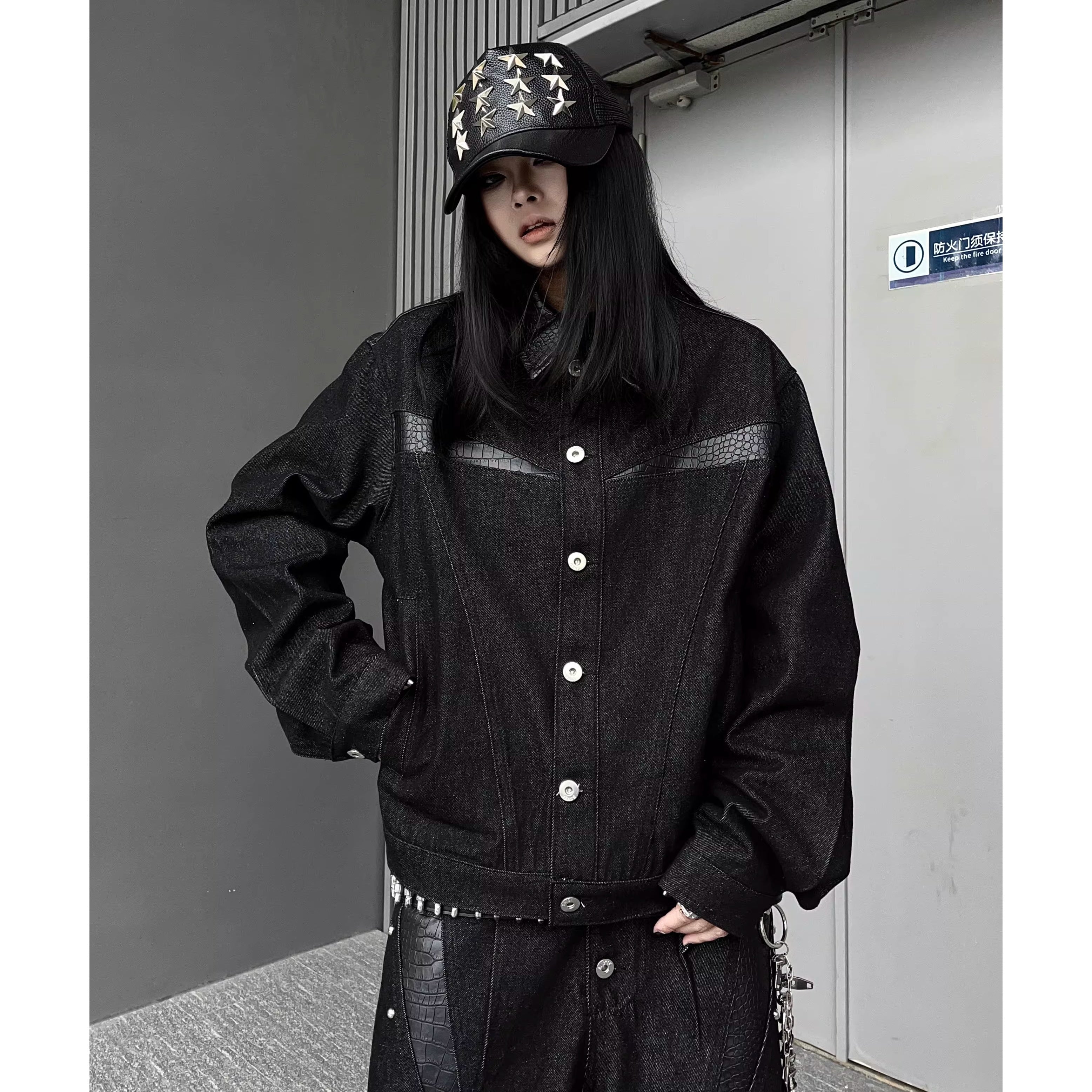 レザー切替ブラックデニムジャケットMW10344