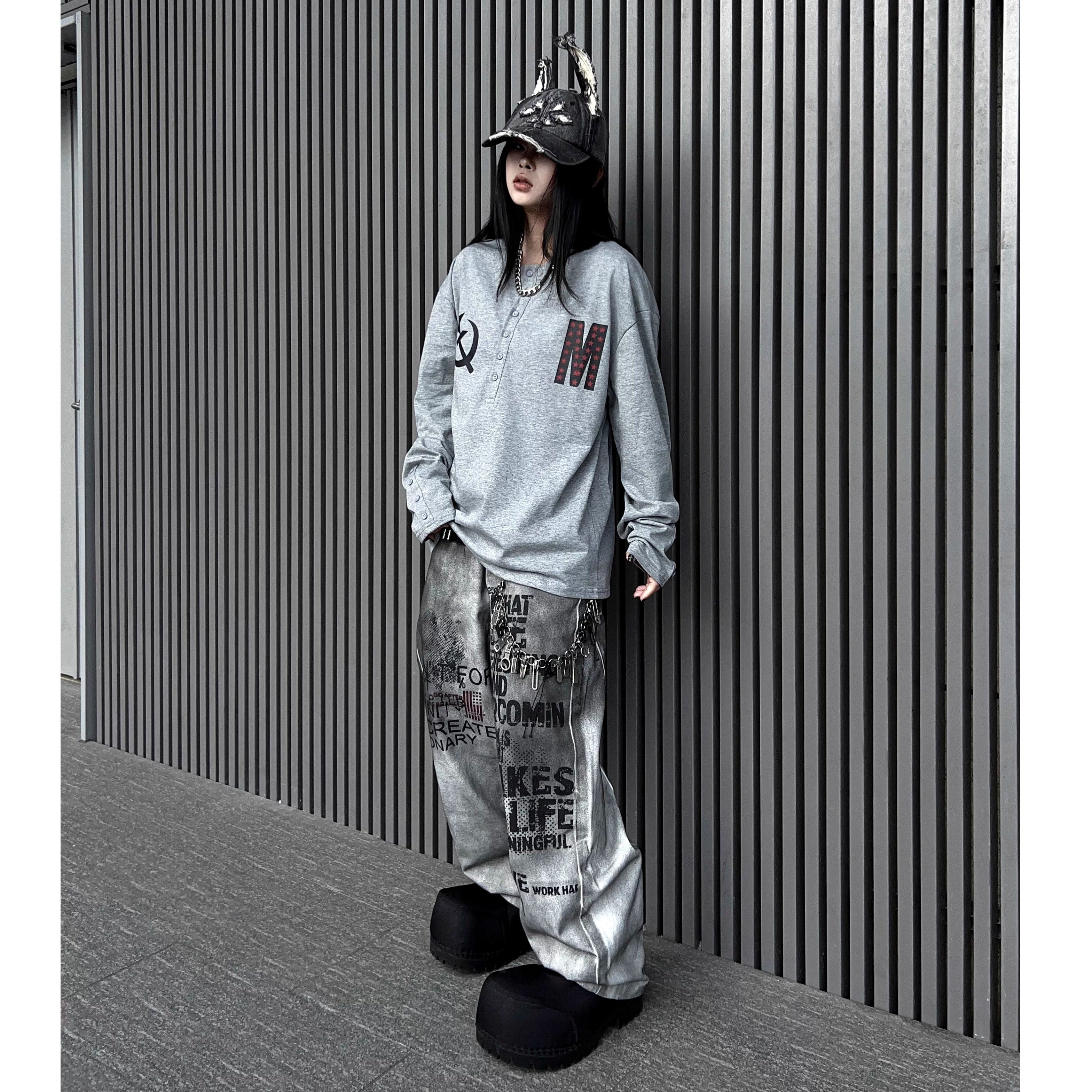 Stained Letter Star Graffiti Print Wide-leg Pants MW10355