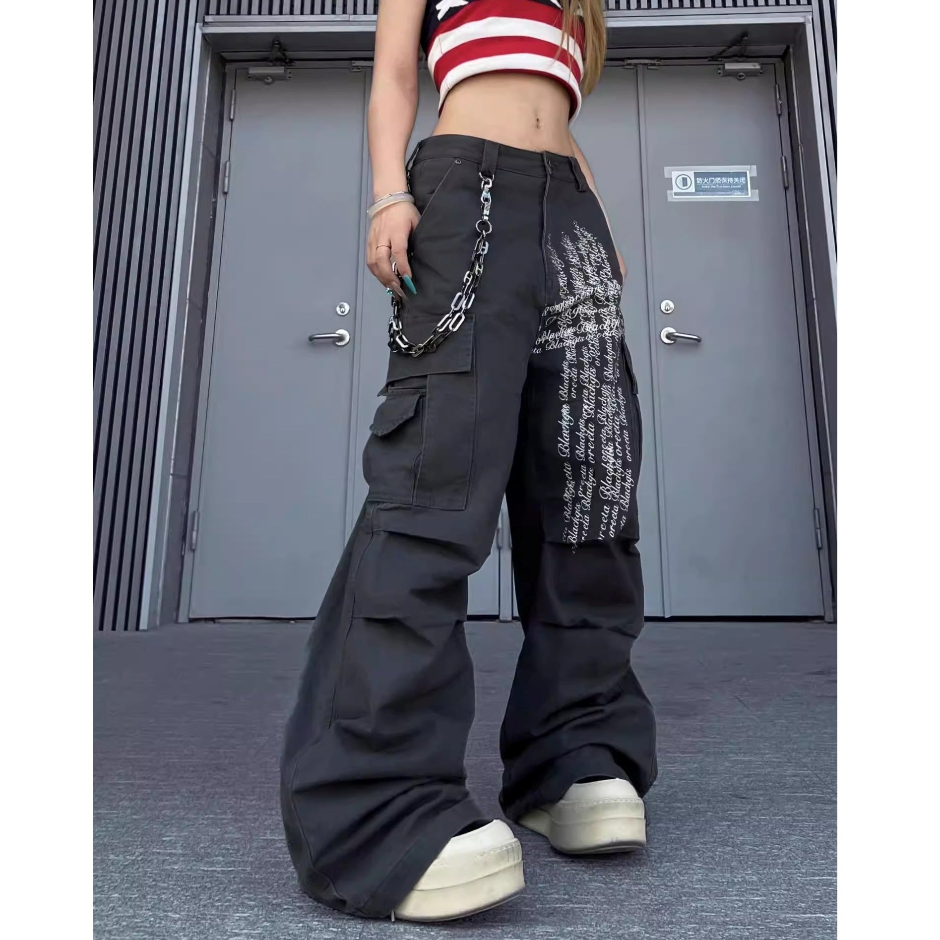 Letter Print Damage Pleats Cargo Pants MW10343