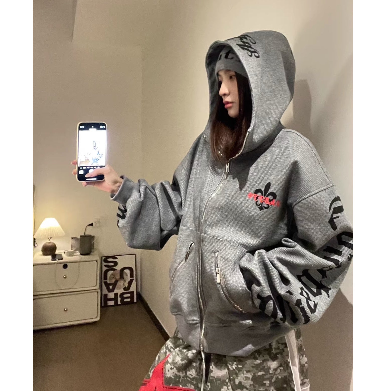 Gothic Letter Zipper Hooded Parka MW10354