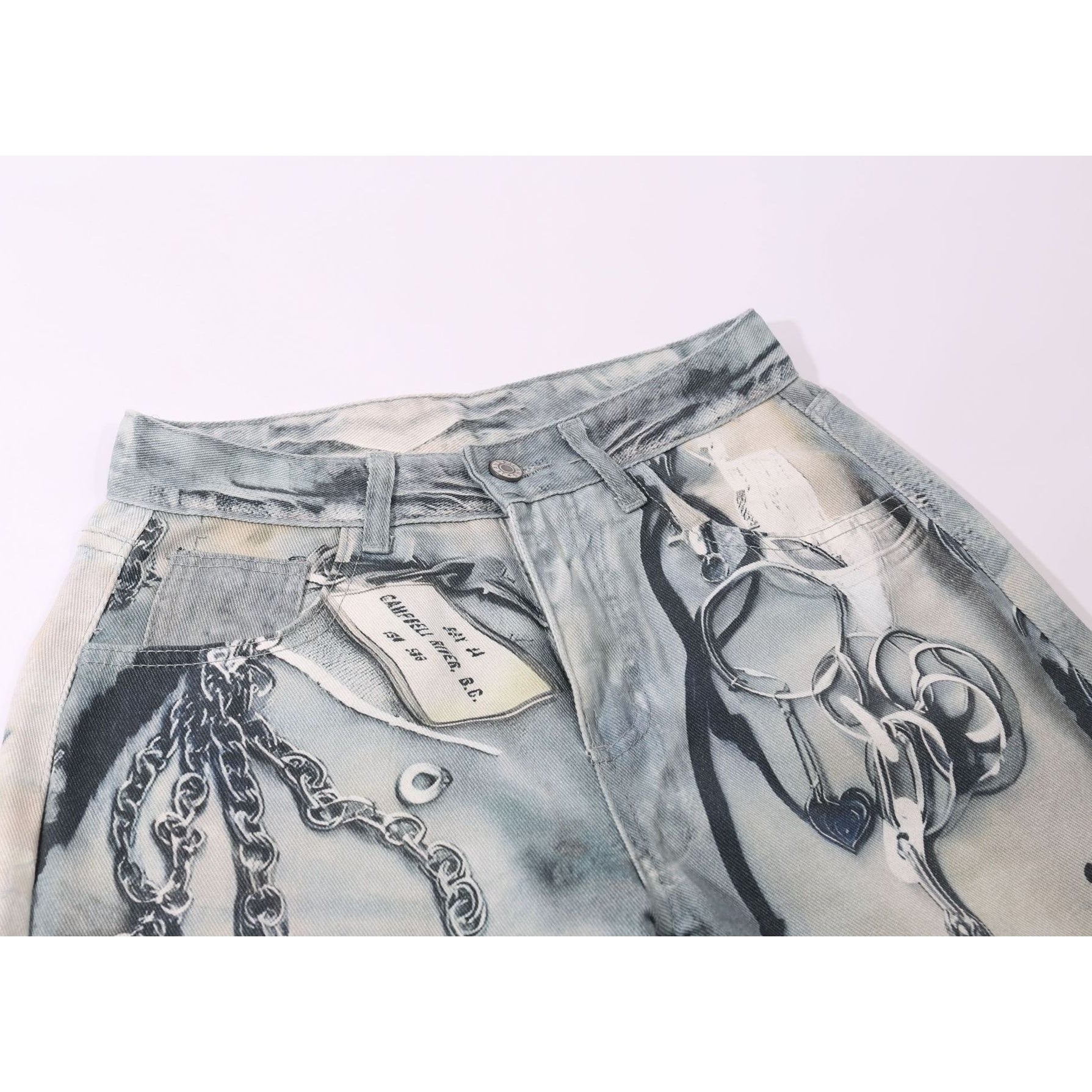 Chain Tag Graffiti Printed Washed Wide-leg Jeans MW10308