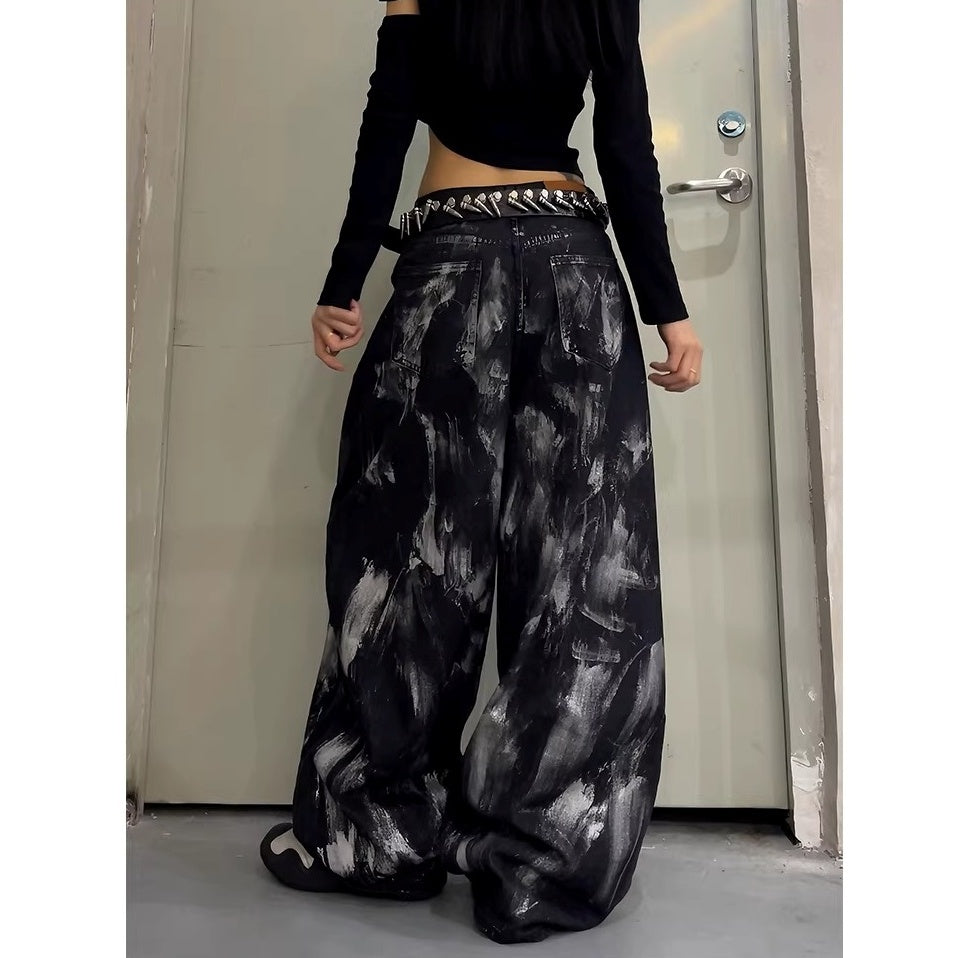 Stained Washed Studded Wide-leg Curve Jeans MW10364