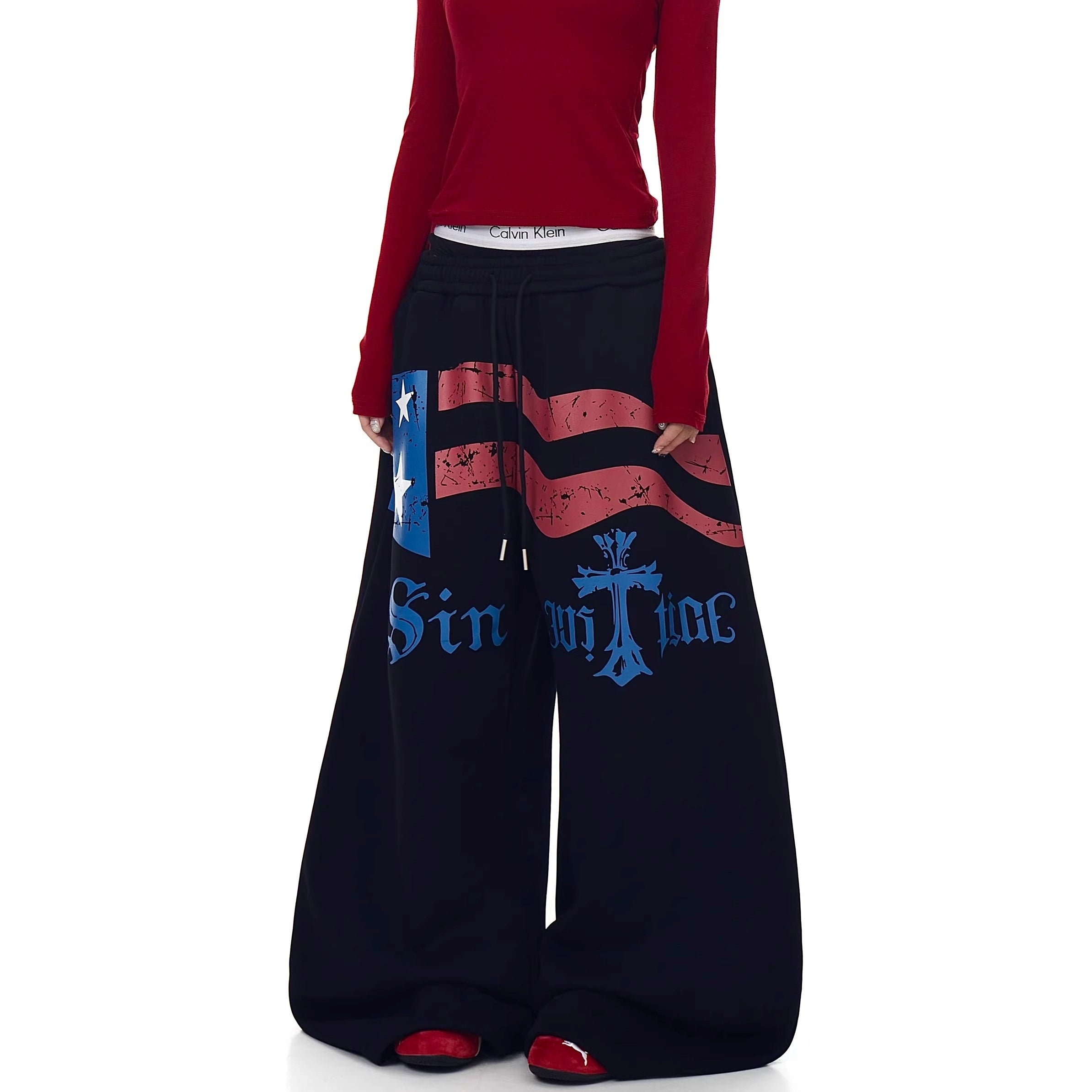Flag Print Wide Sweat Curve Pants BK7067
