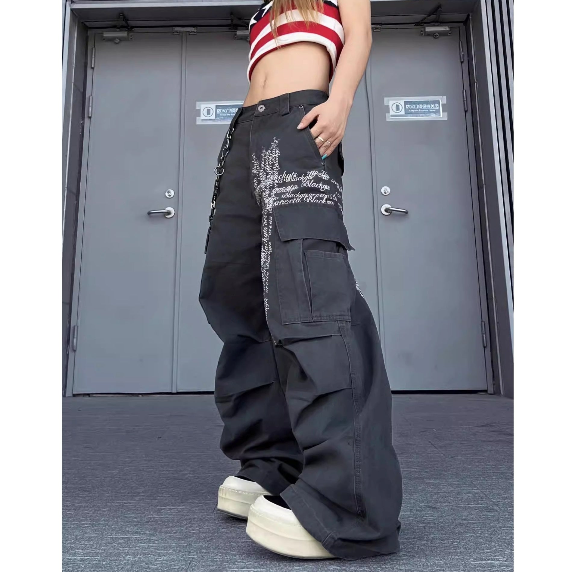 Letter Print Damage Pleats Cargo Pants MW10343