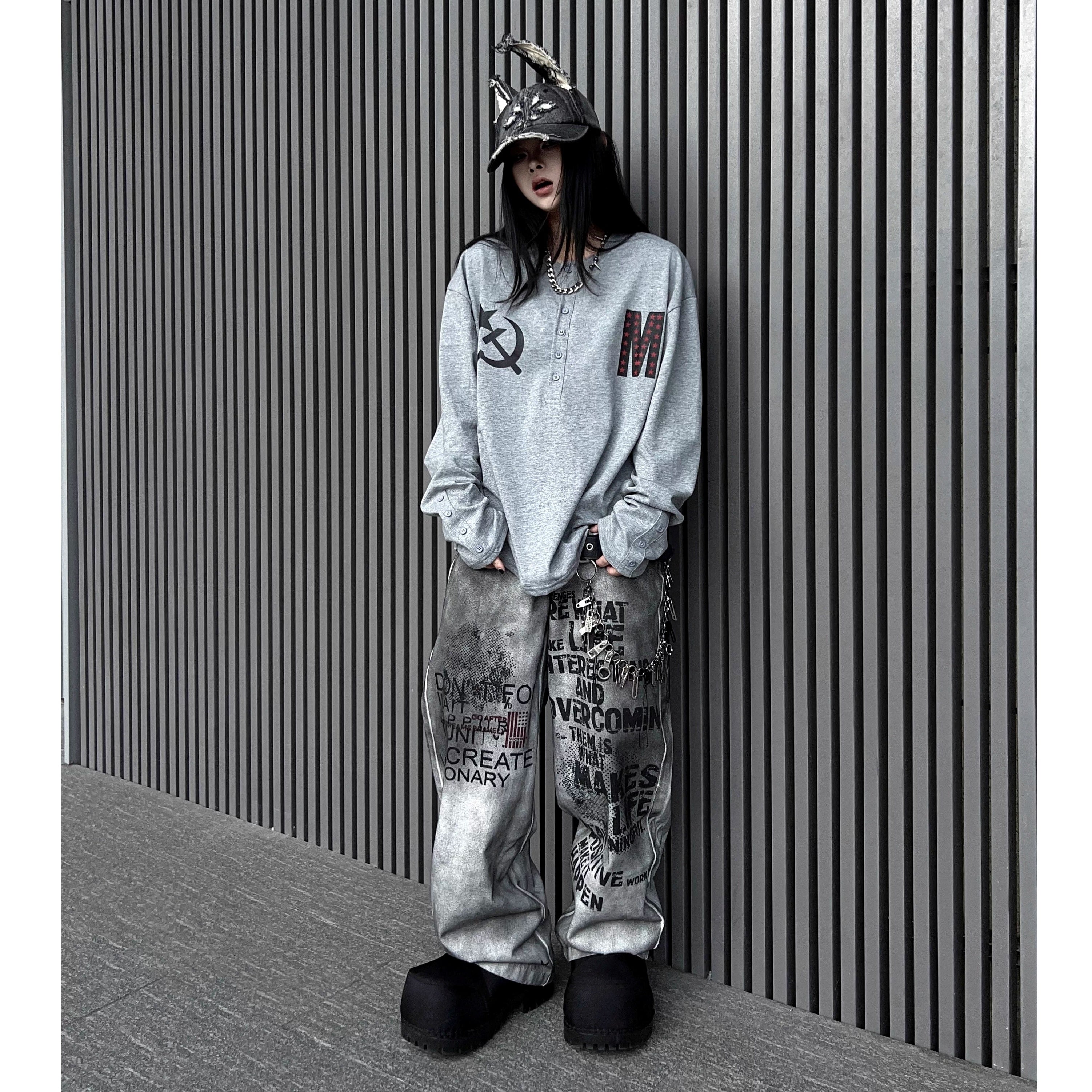 Stained Letter Star Graffiti Print Wide-leg Pants MW10355