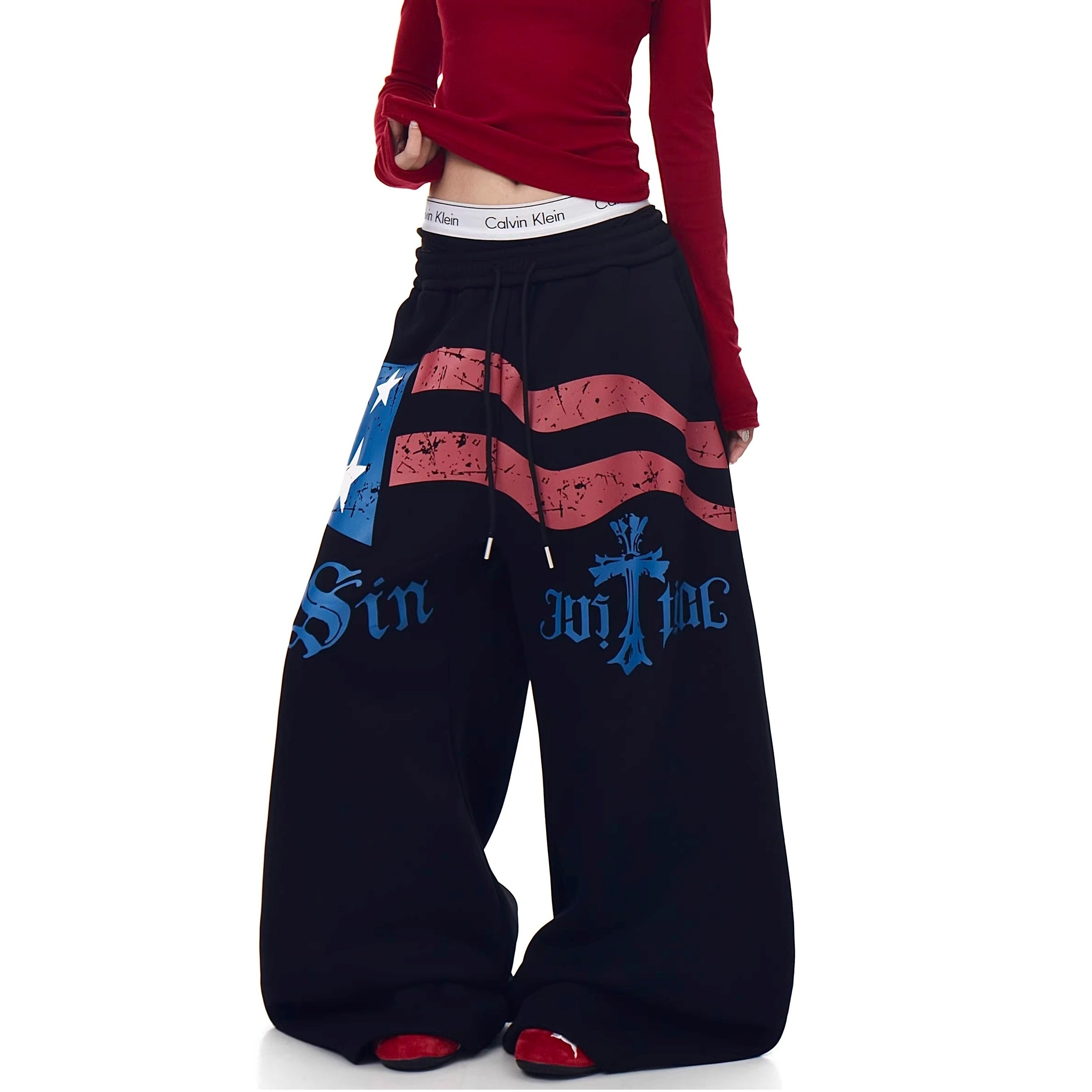 Flag Print Wide Sweat Curve Pants BK7067