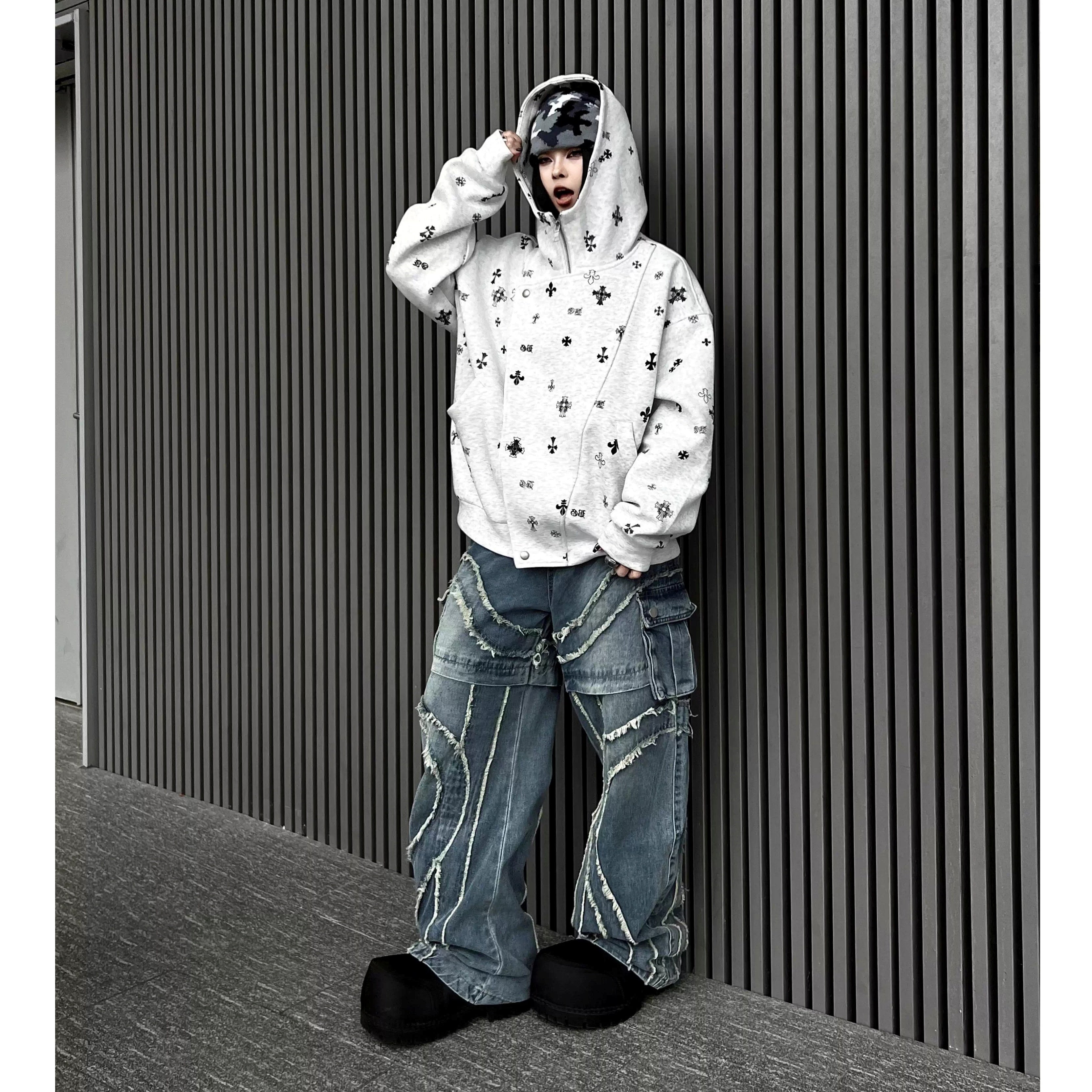 Washed Raw Edge Spliced Curve Jeans MW10351