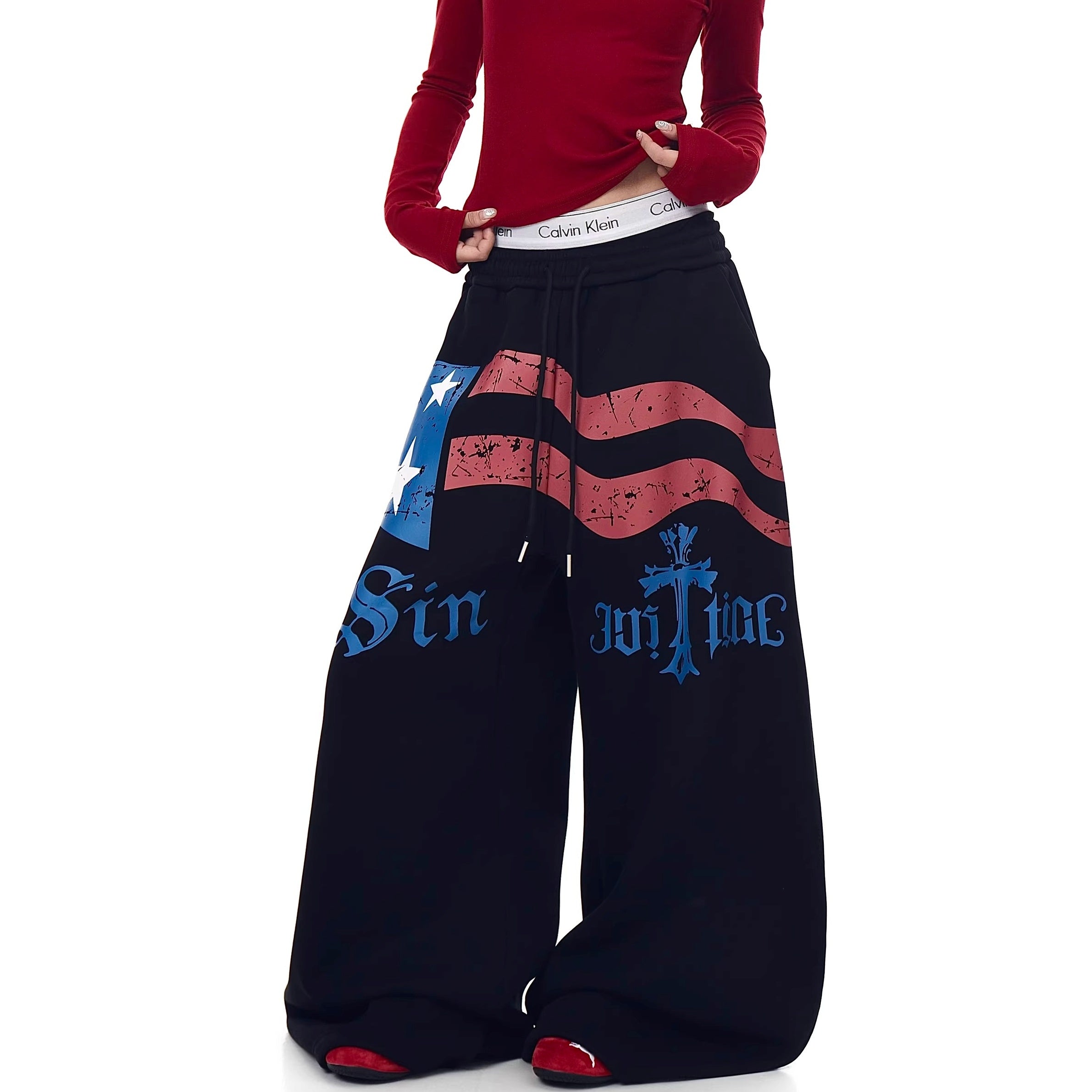 Flag Print Wide Sweat Curve Pants BK7067
