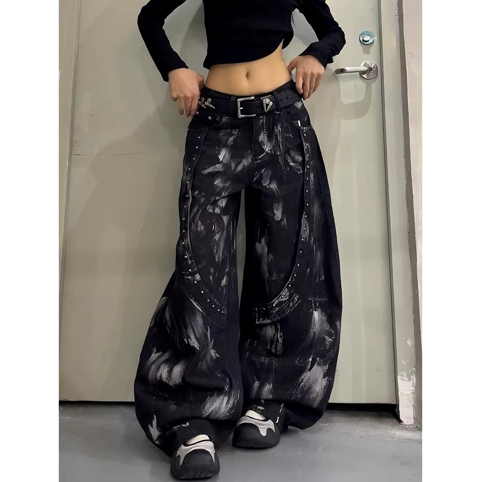 Stained Washed Studded Wide-leg Curve Jeans MW10364