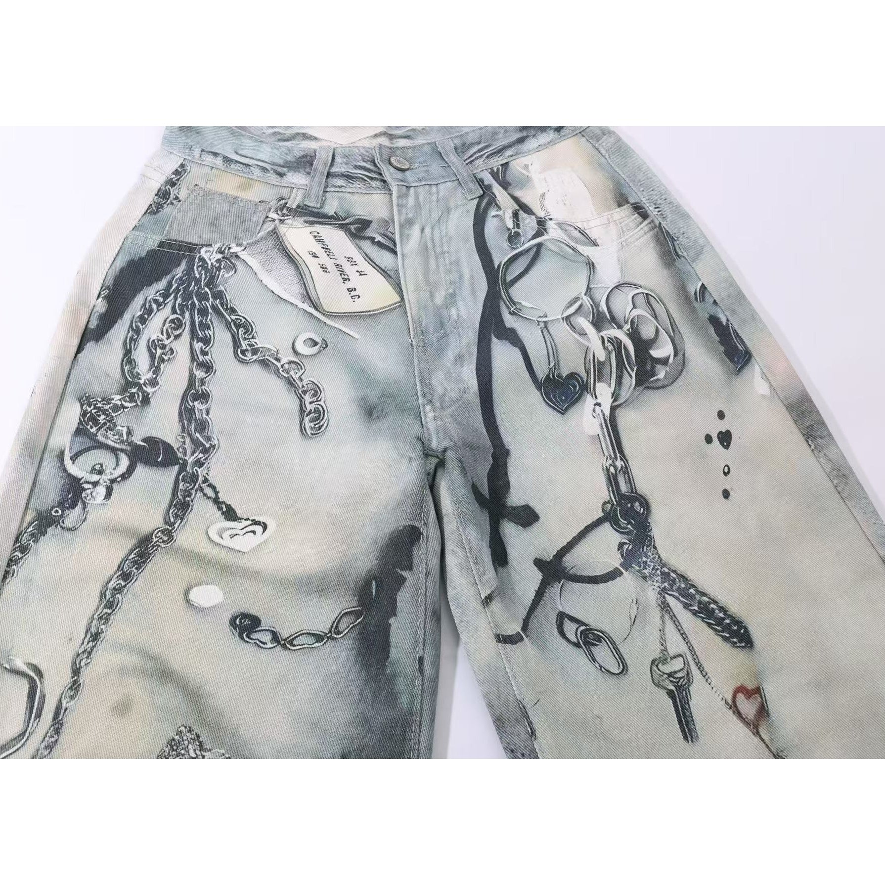 Chain Tag Graffiti Printed Washed Wide-leg Jeans MW10308