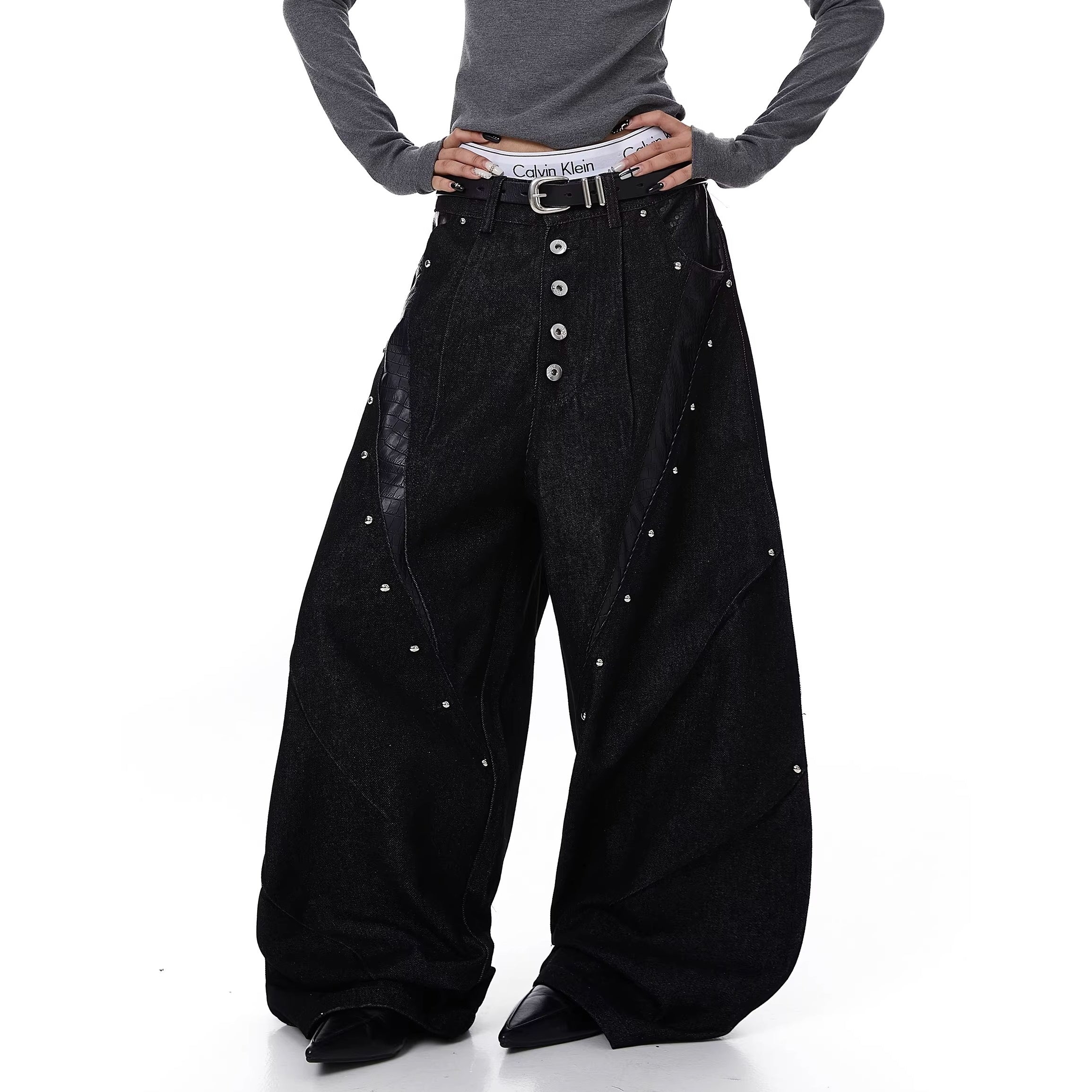 Deconstruction Studs Leather Patchwork Wide-leg Jeans MW10347