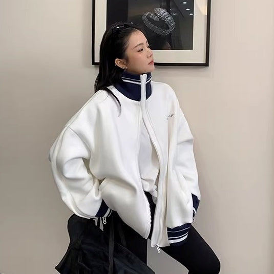 Zipper Accent Stand Collar Sweat Jacket OS2083