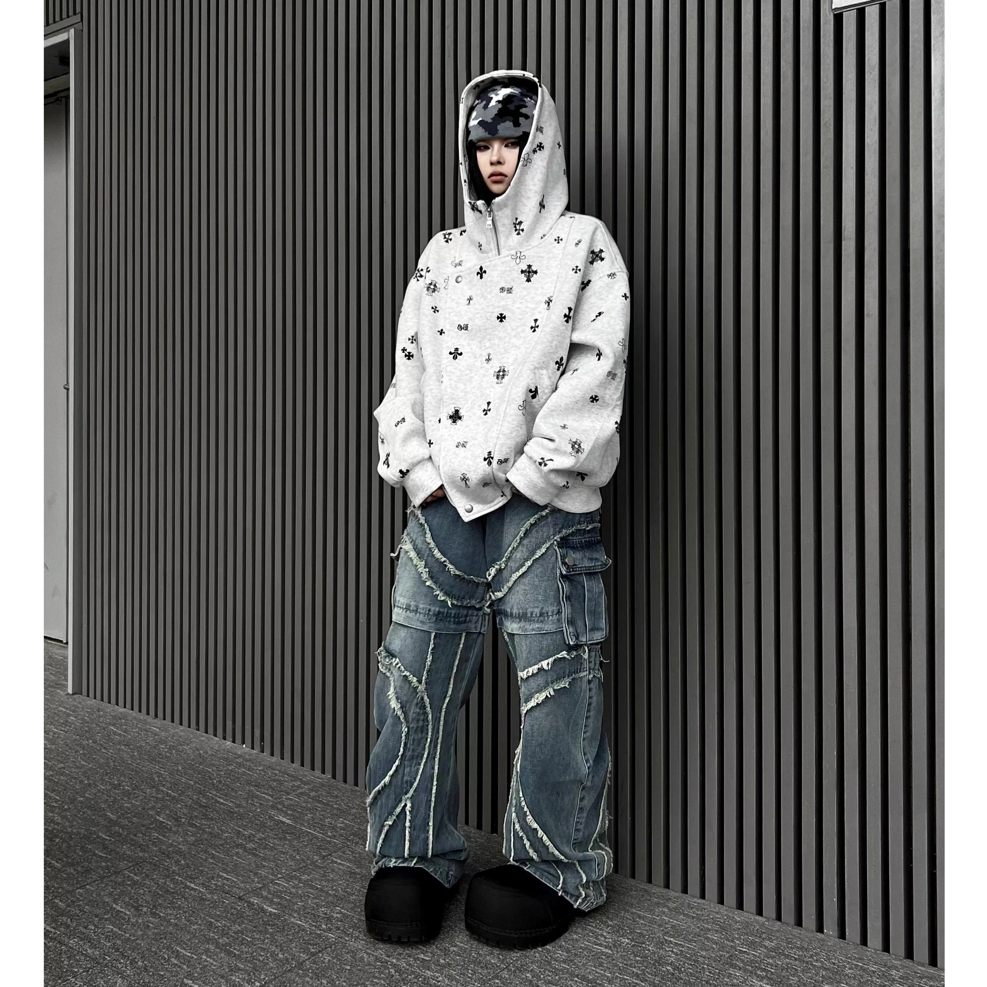 Washed Raw Edge Spliced Curve Jeans MW10351