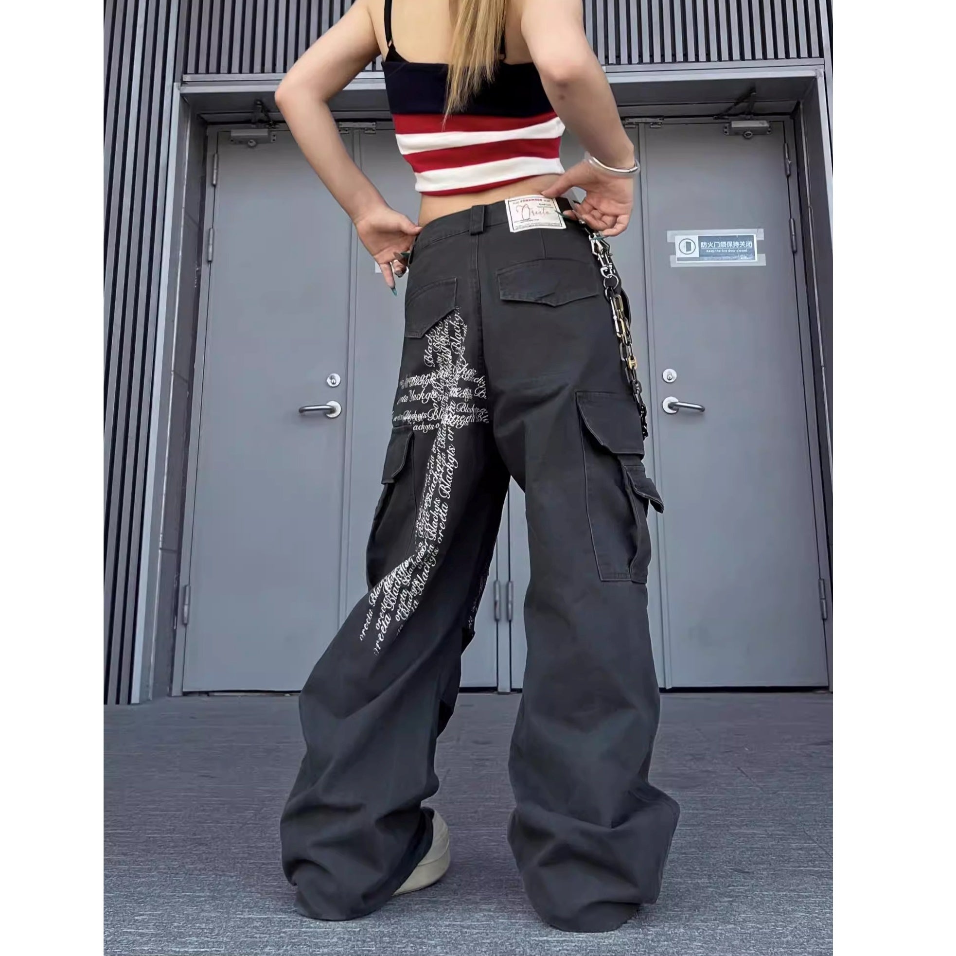 Letter Print Damage Pleats Cargo Pants MW10343