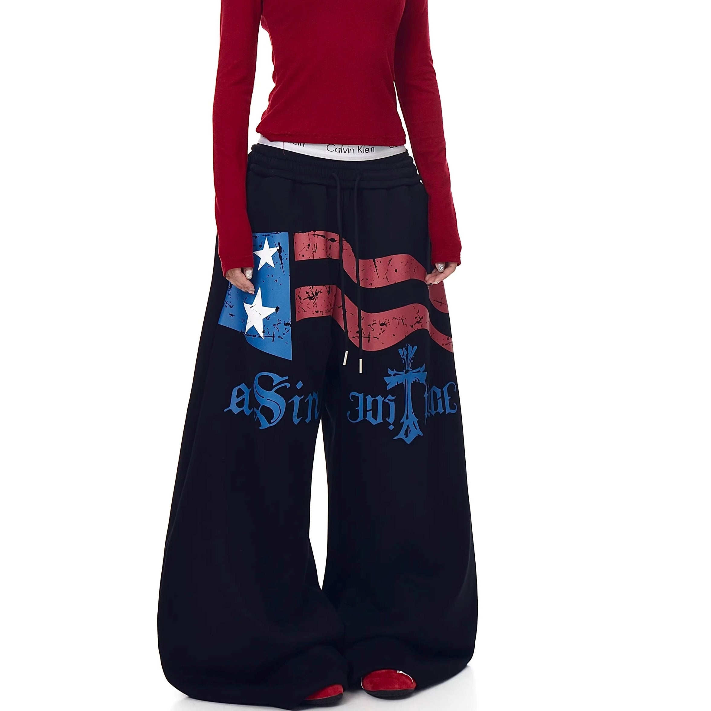 Flag Print Wide Sweat Curve Pants BK7067