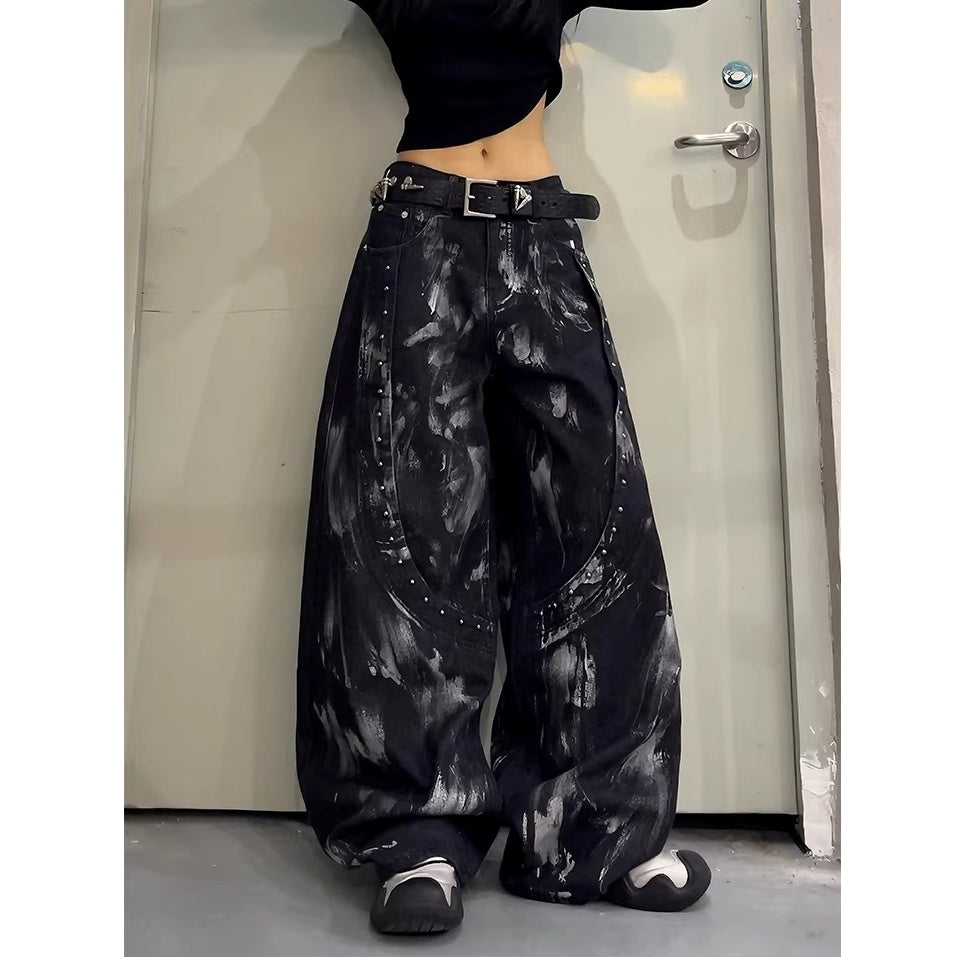 Stained Washed Studded Wide-leg Curve Jeans MW10364