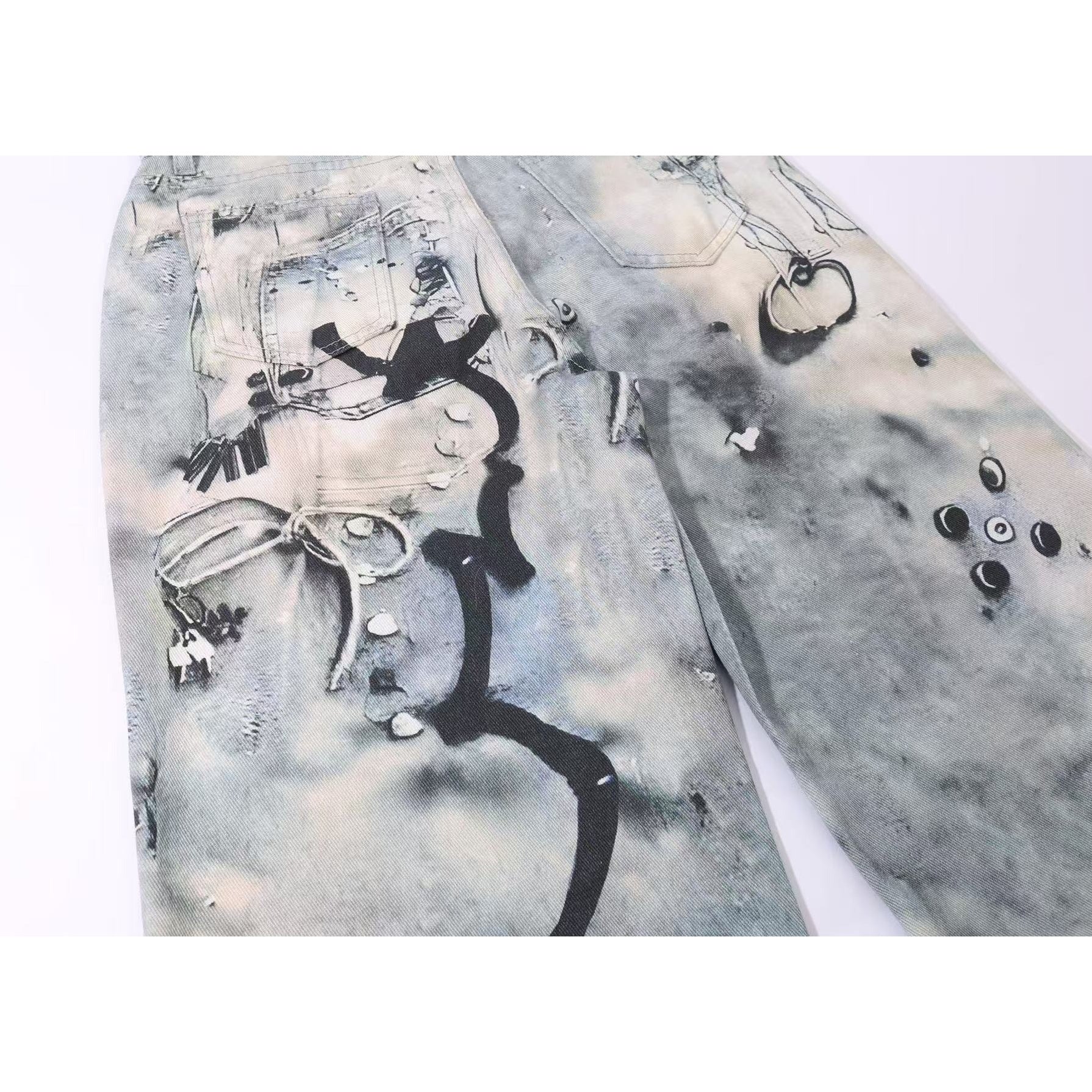 Chain Tag Graffiti Printed Washed Wide-leg Jeans MW10308