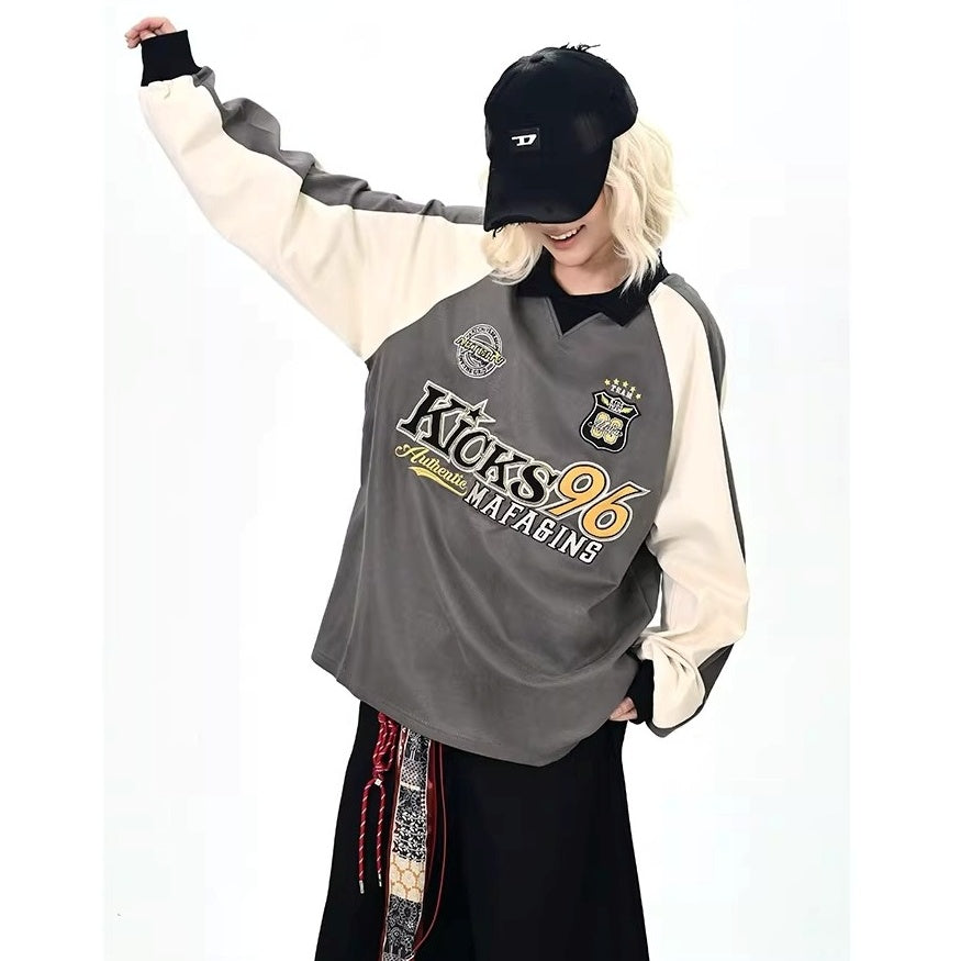 Color-Blocking Embroidered Lapel Sweatshirts MW10365