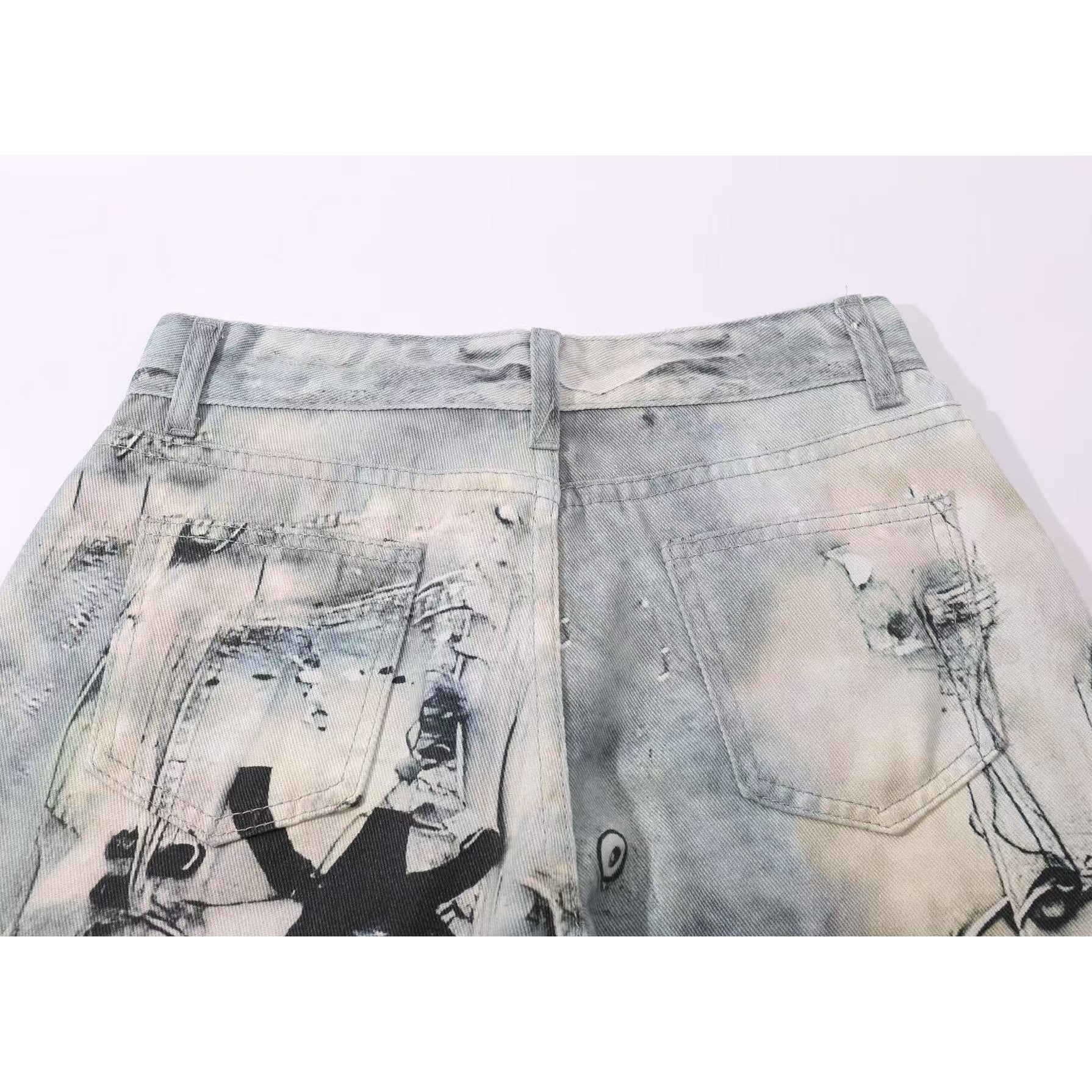 Chain Tag Graffiti Printed Washed Wide-leg Jeans MW10308