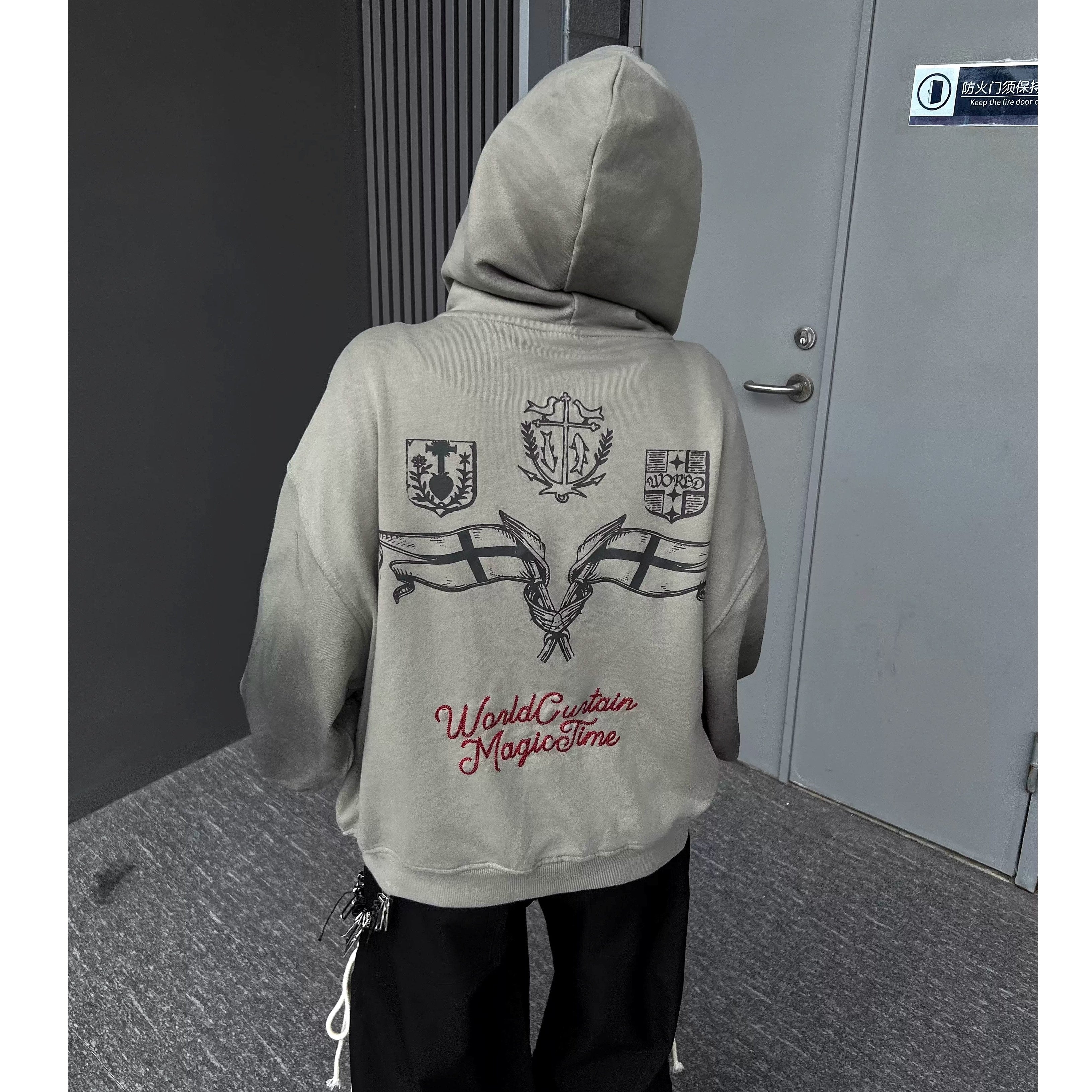 Dirty Washed Embroidery Zipper Hooded Parka MW10352