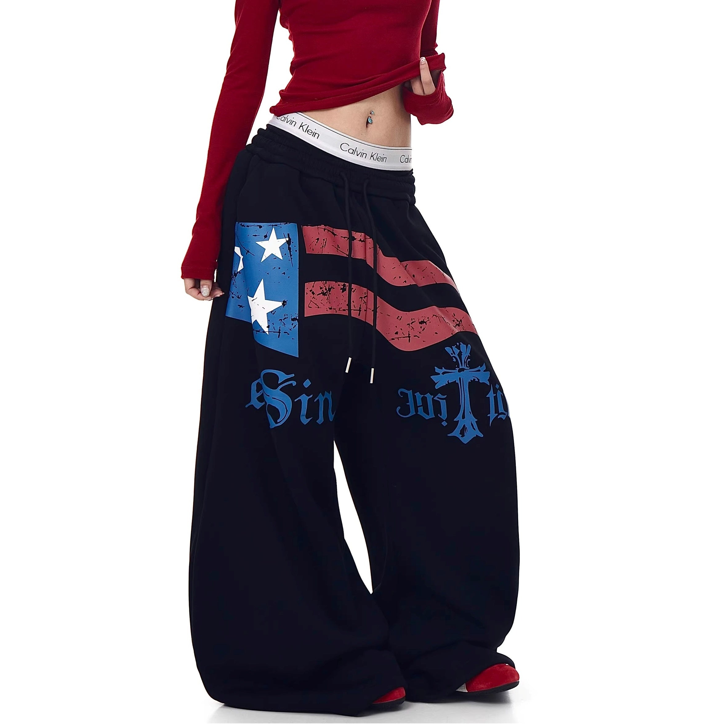 Flag Print Wide Sweat Curve Pants BK7067