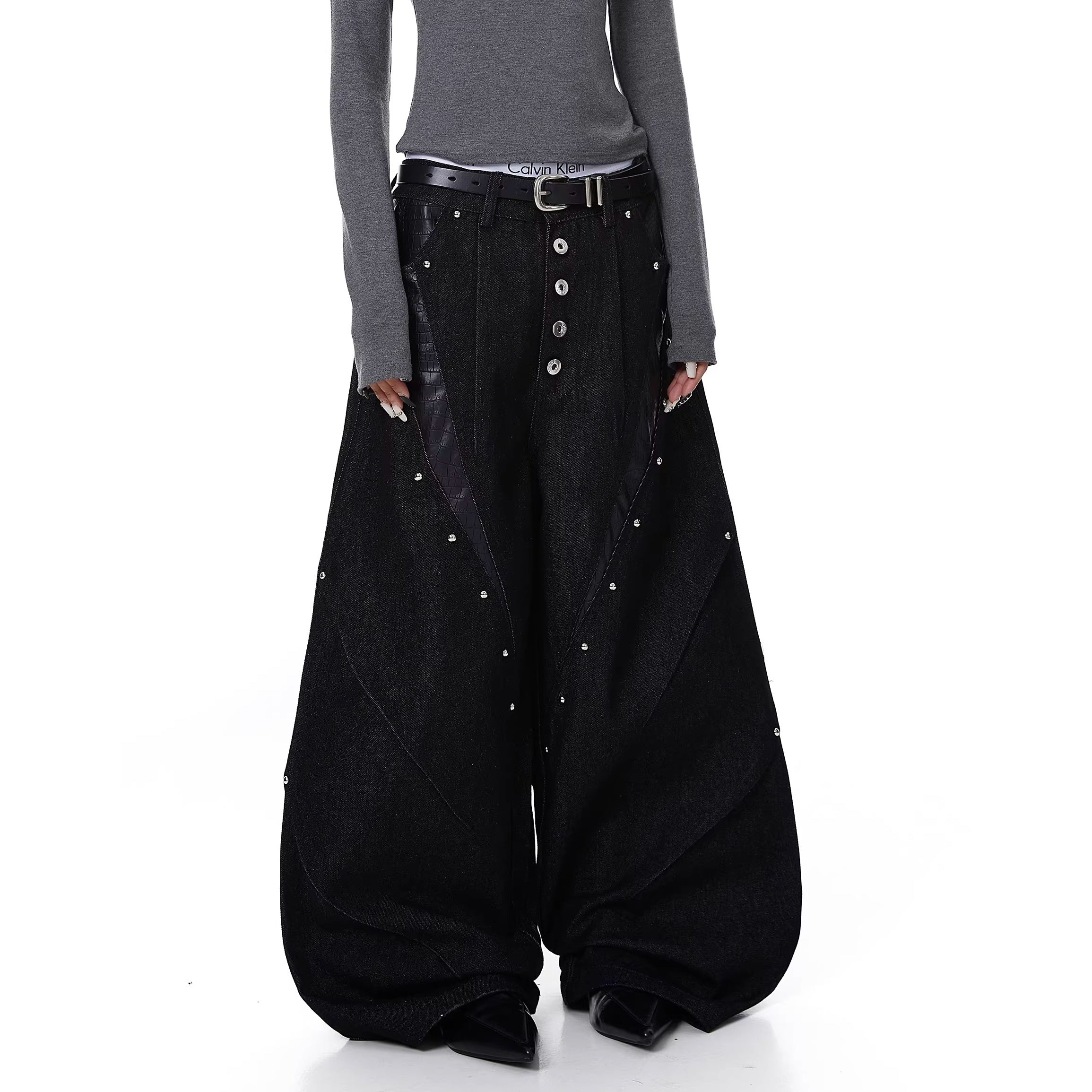 Deconstruction Studs Leather Patchwork Wide-leg Jeans MW10347