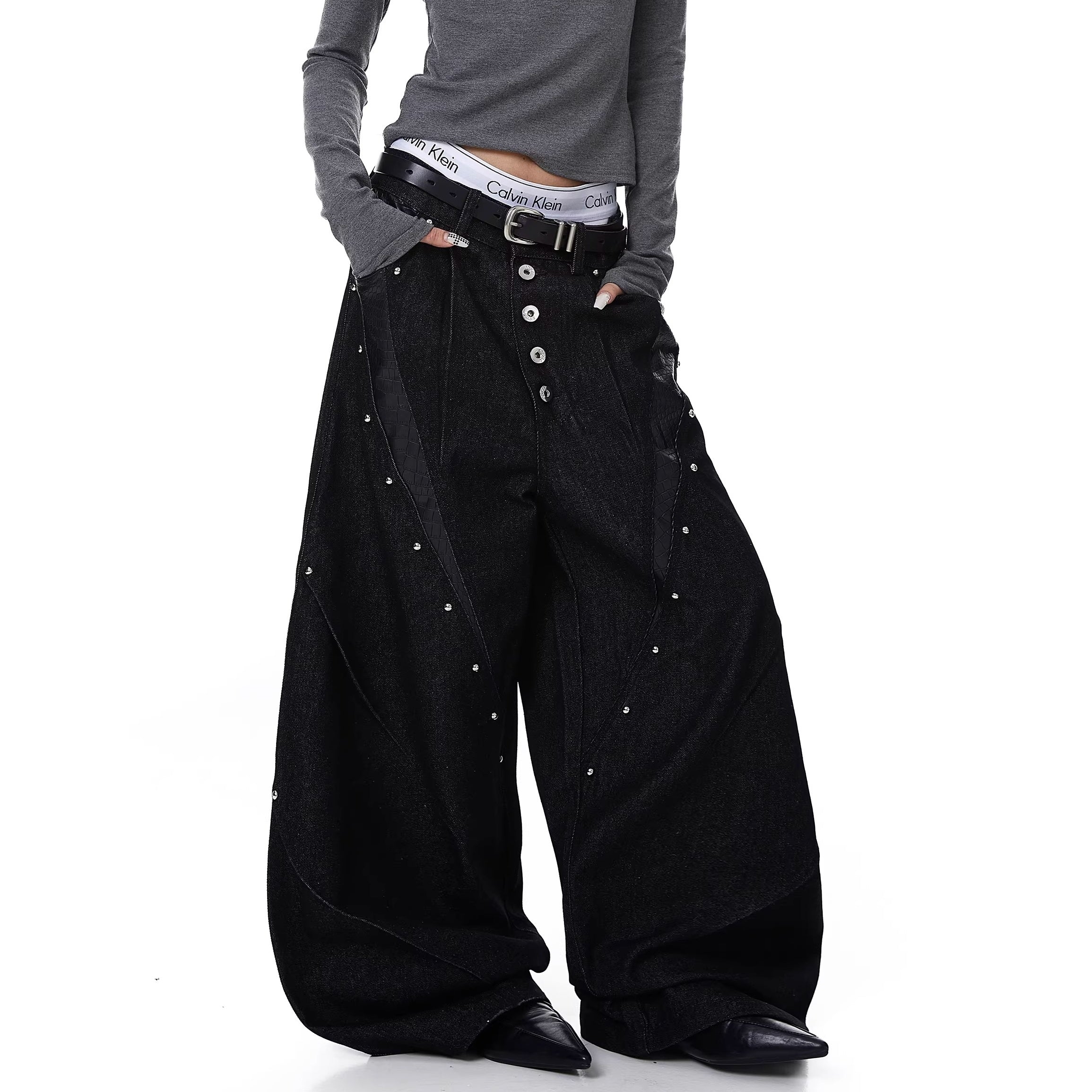 Deconstruction Studs Leather Patchwork Wide-leg Jeans MW10347