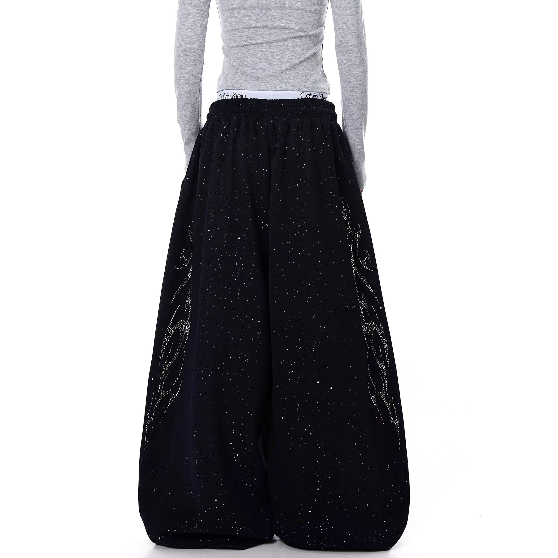 Flame Rhinestoner Wide Curve Sweat Pants MW10359