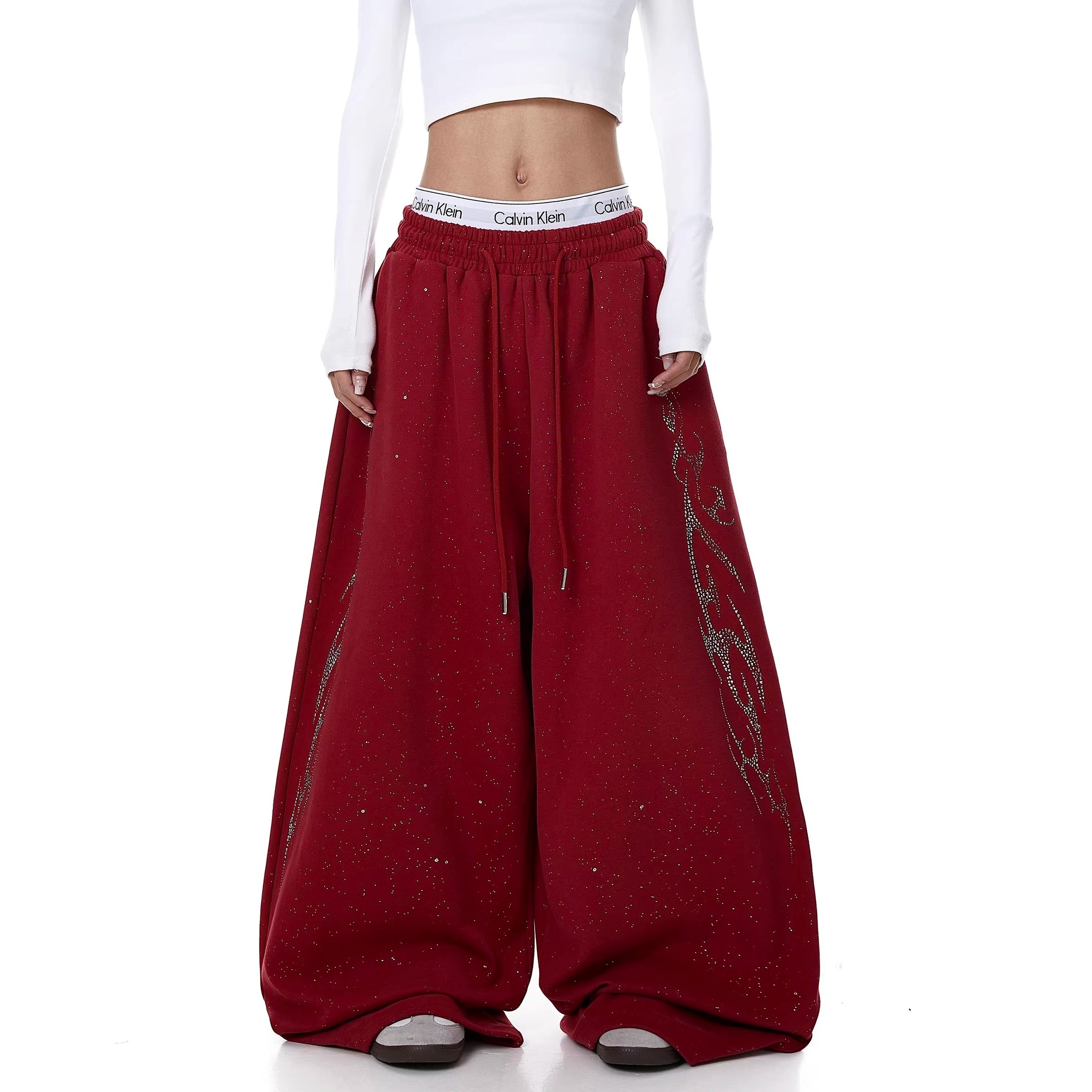Flame Rhinestoner Wide Curve Sweat Pants MW10359