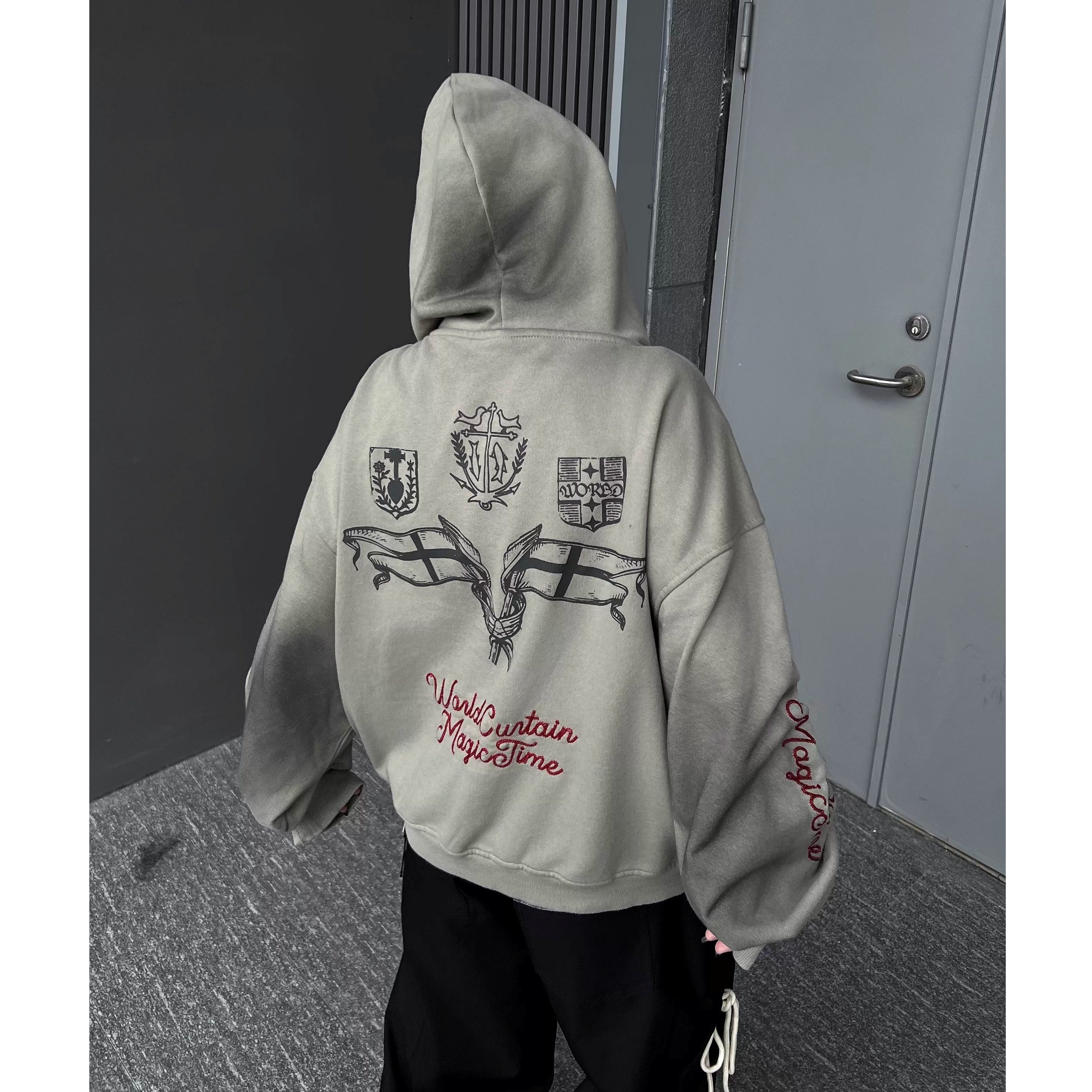 Dirty Washed Embroidery Zipper Hooded Parka MW10352