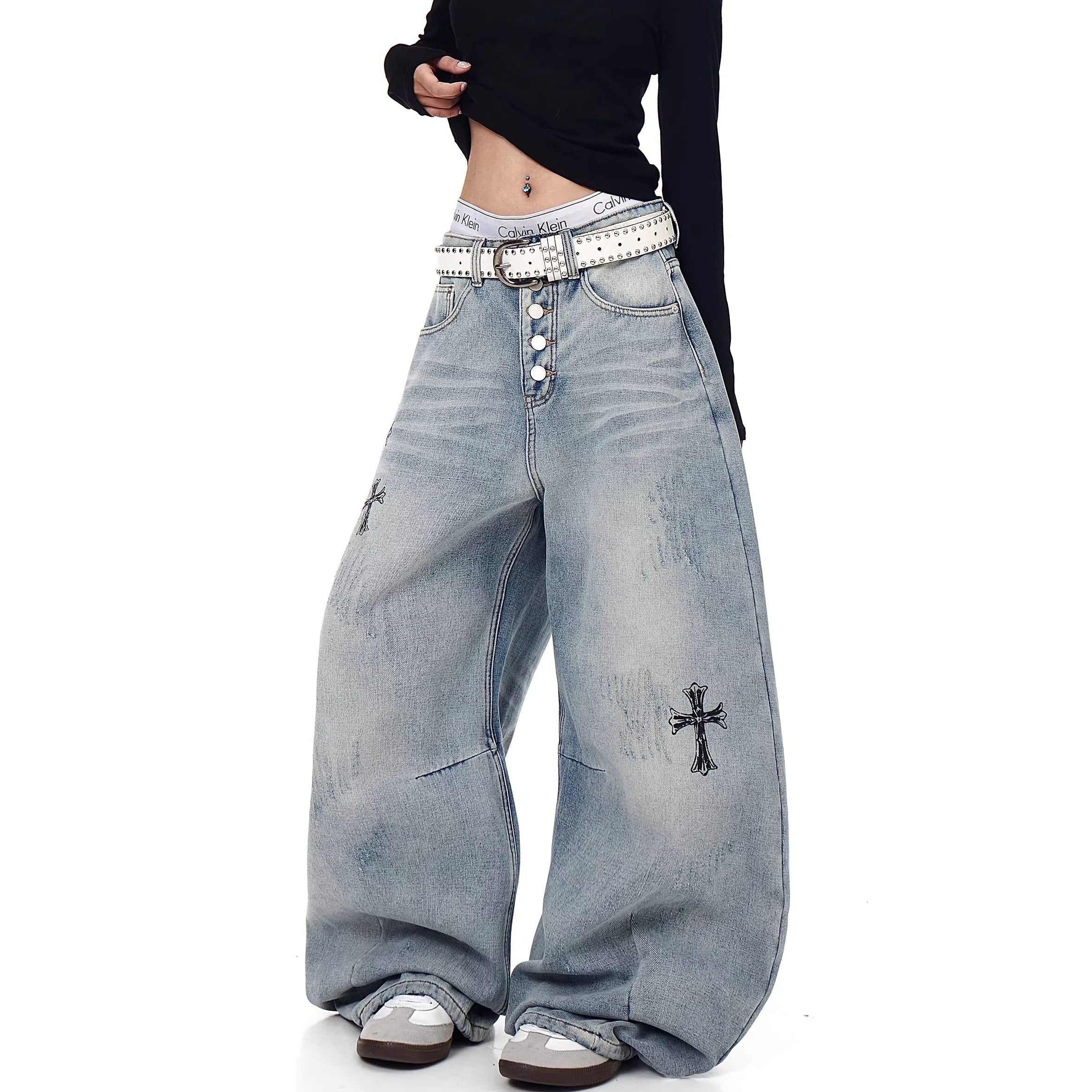 Cross Rhinestone Gothic Style Wide-Leg Jeans MW10357