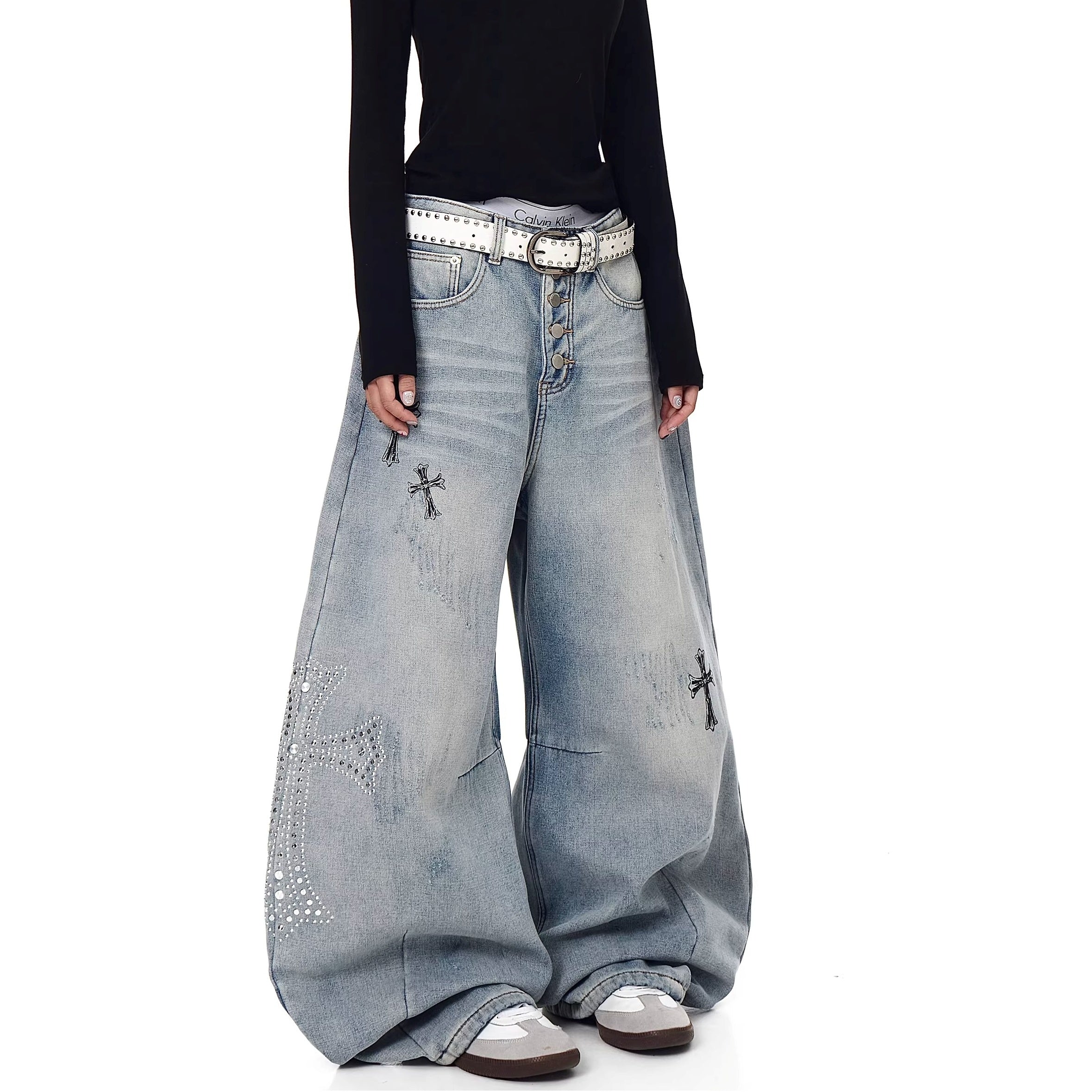 Cross Rhinestone Gothic Style Wide-Leg Jeans MW10357