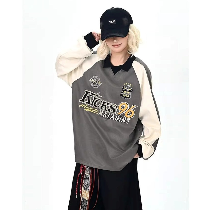 Color-Blocking Embroidered Lapel Sweatshirts MW10365