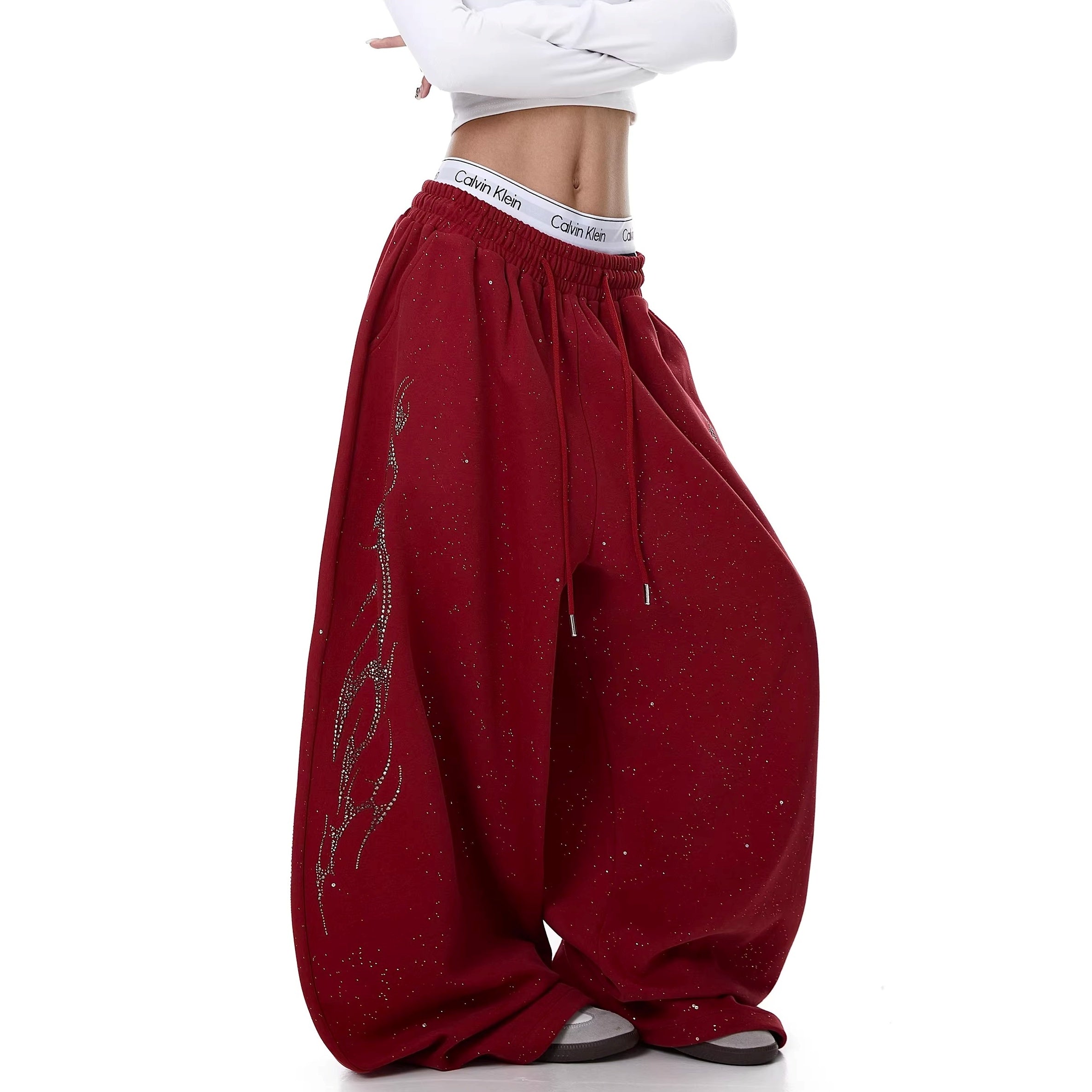 Flame Rhinestoner Wide Curve Sweat Pants MW10359