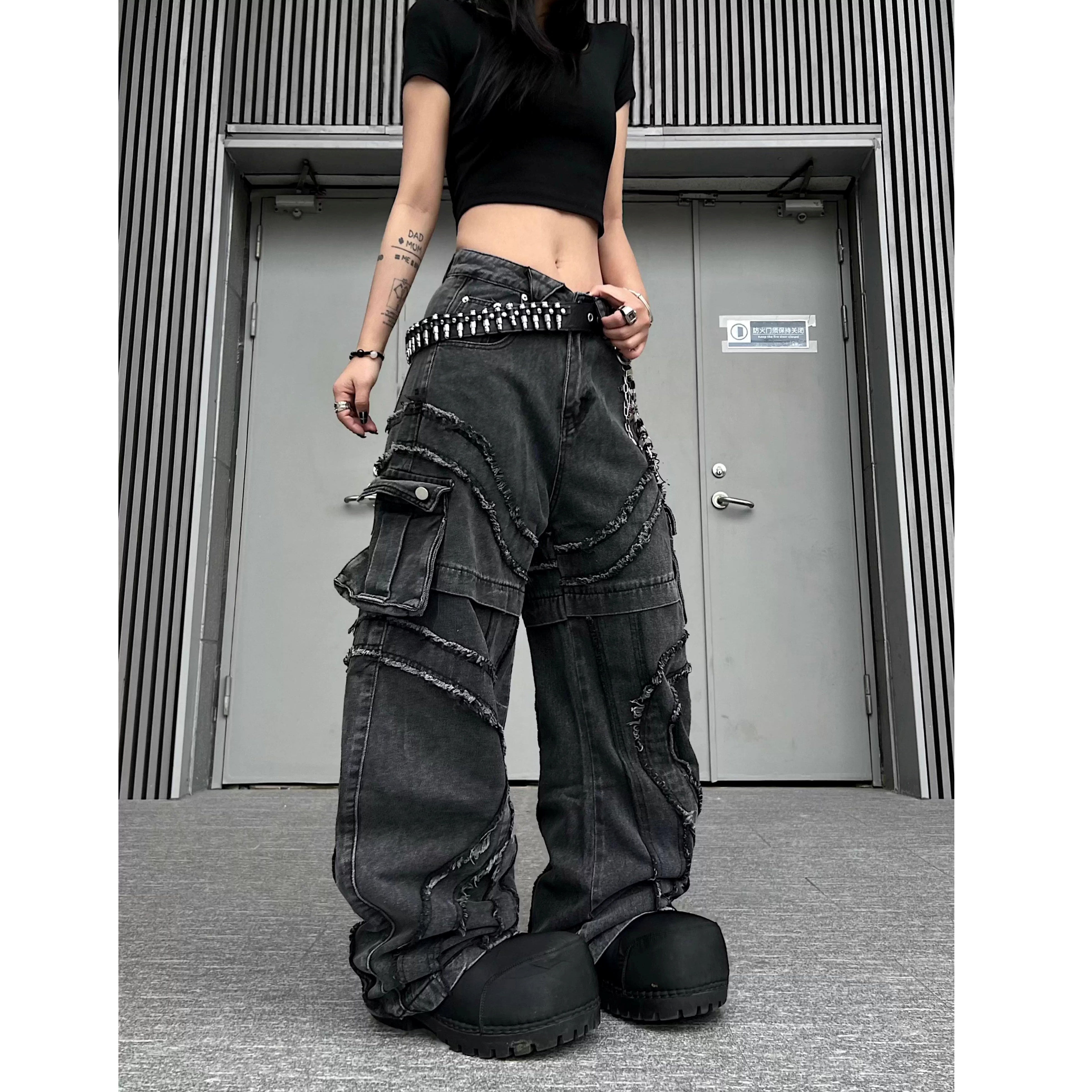 Washed Raw Edge Spliced Curve Jeans MW10351