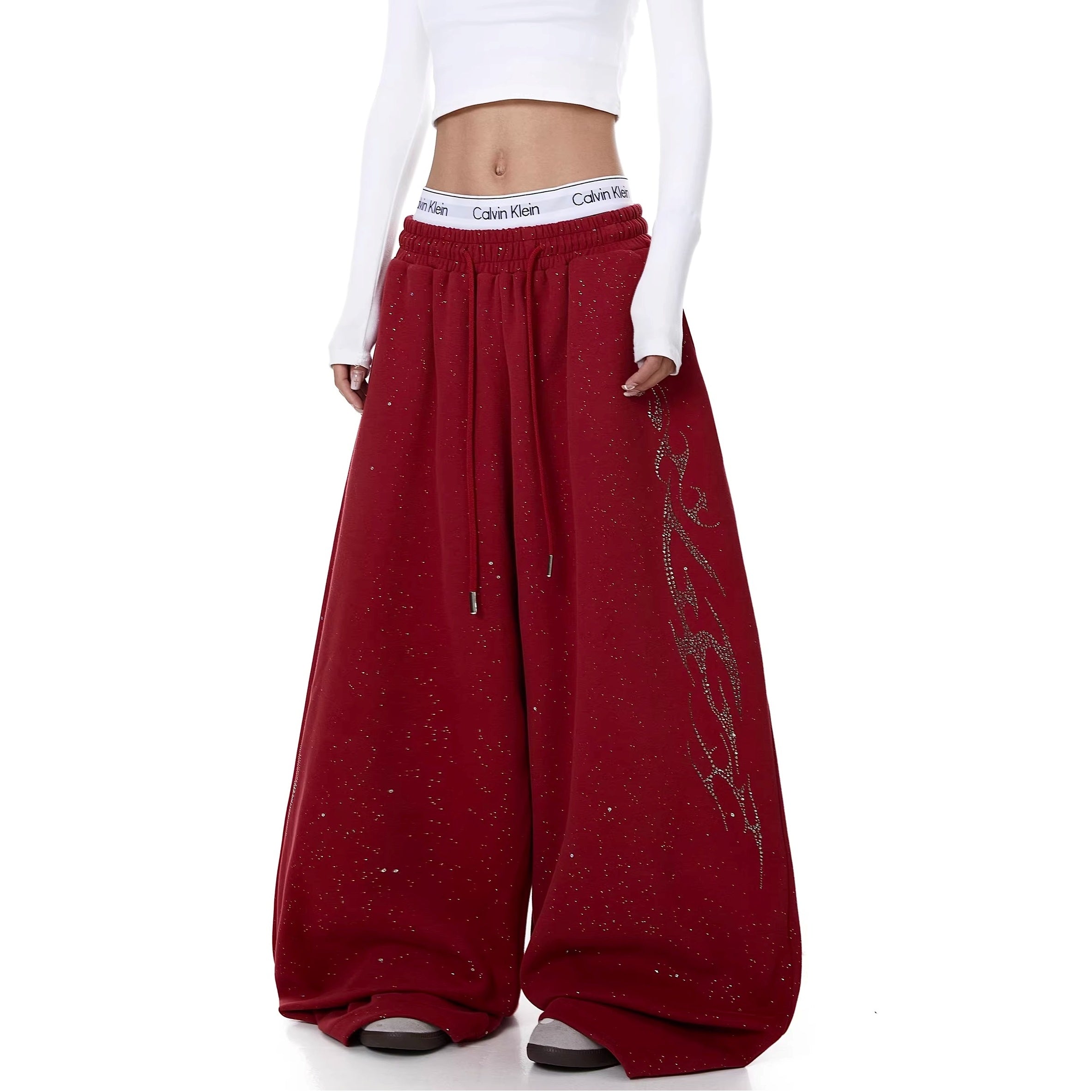Flame Rhinestoner Wide Curve Sweat Pants MW10359