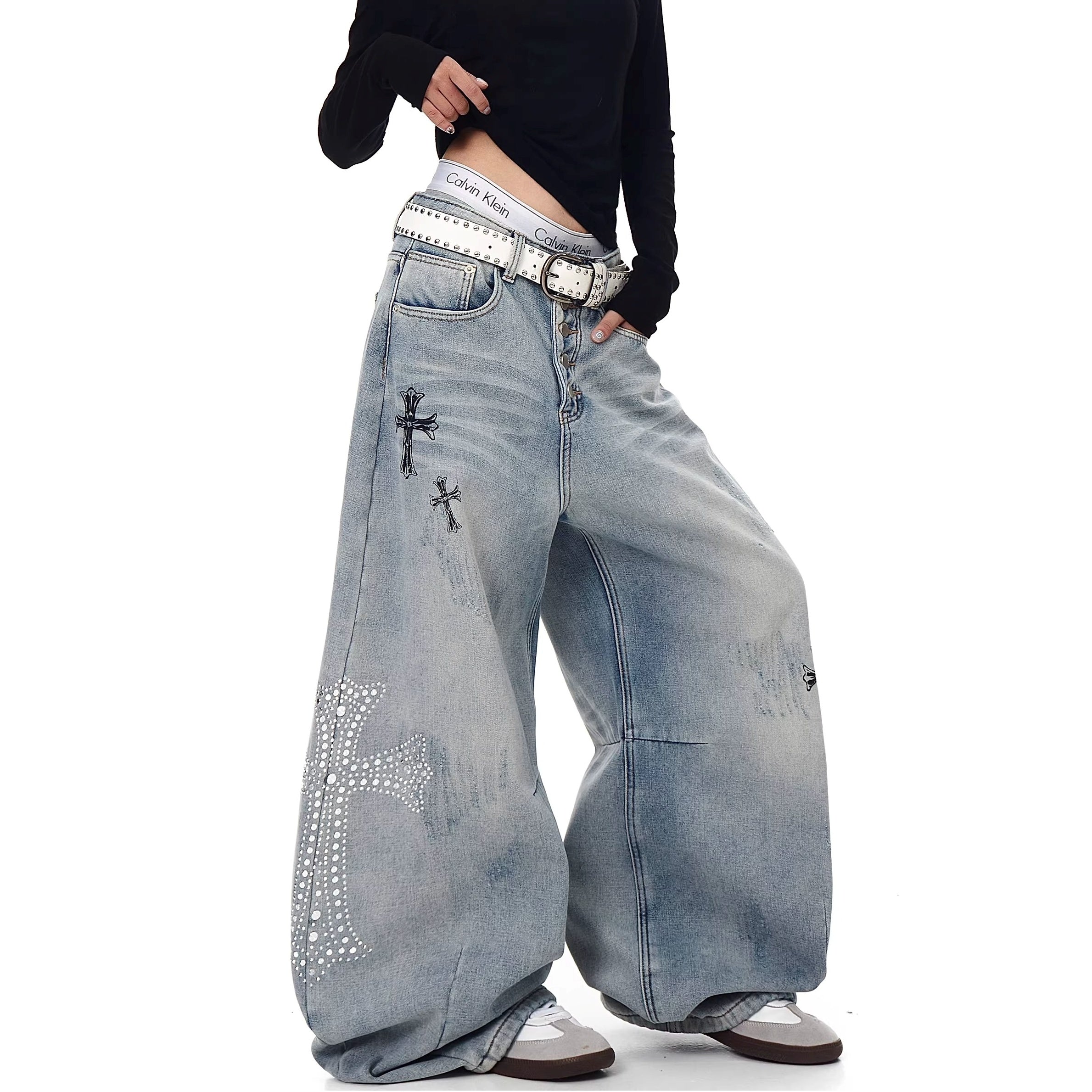 Cross Rhinestone Gothic Style Wide-Leg Jeans MW10357