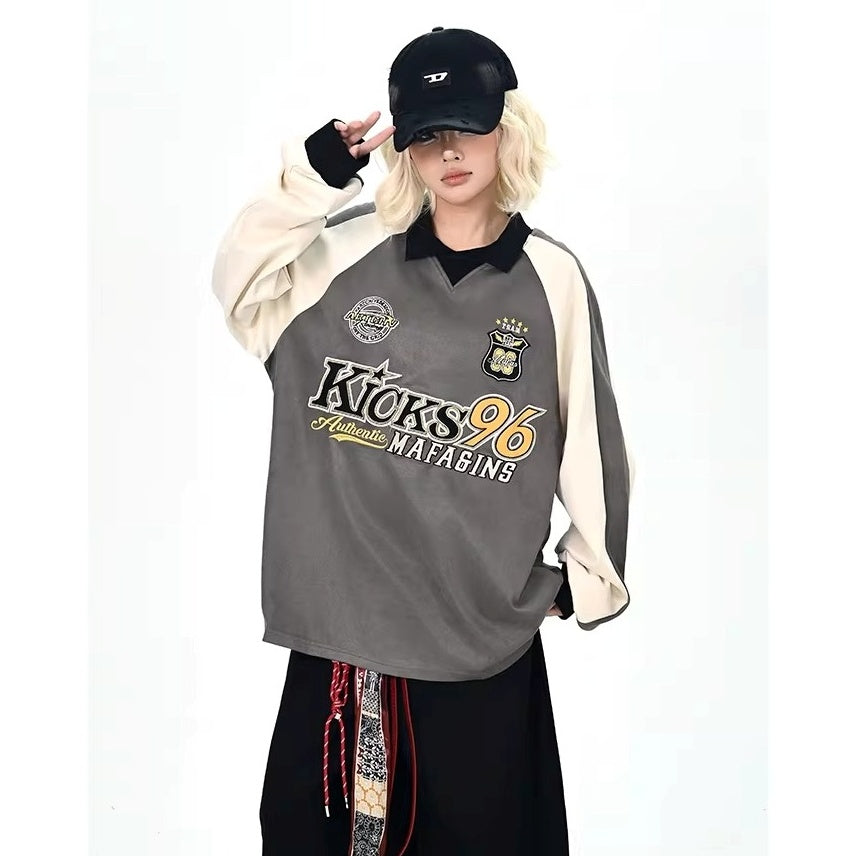 Color-Blocking Embroidered Lapel Sweatshirts MW10365