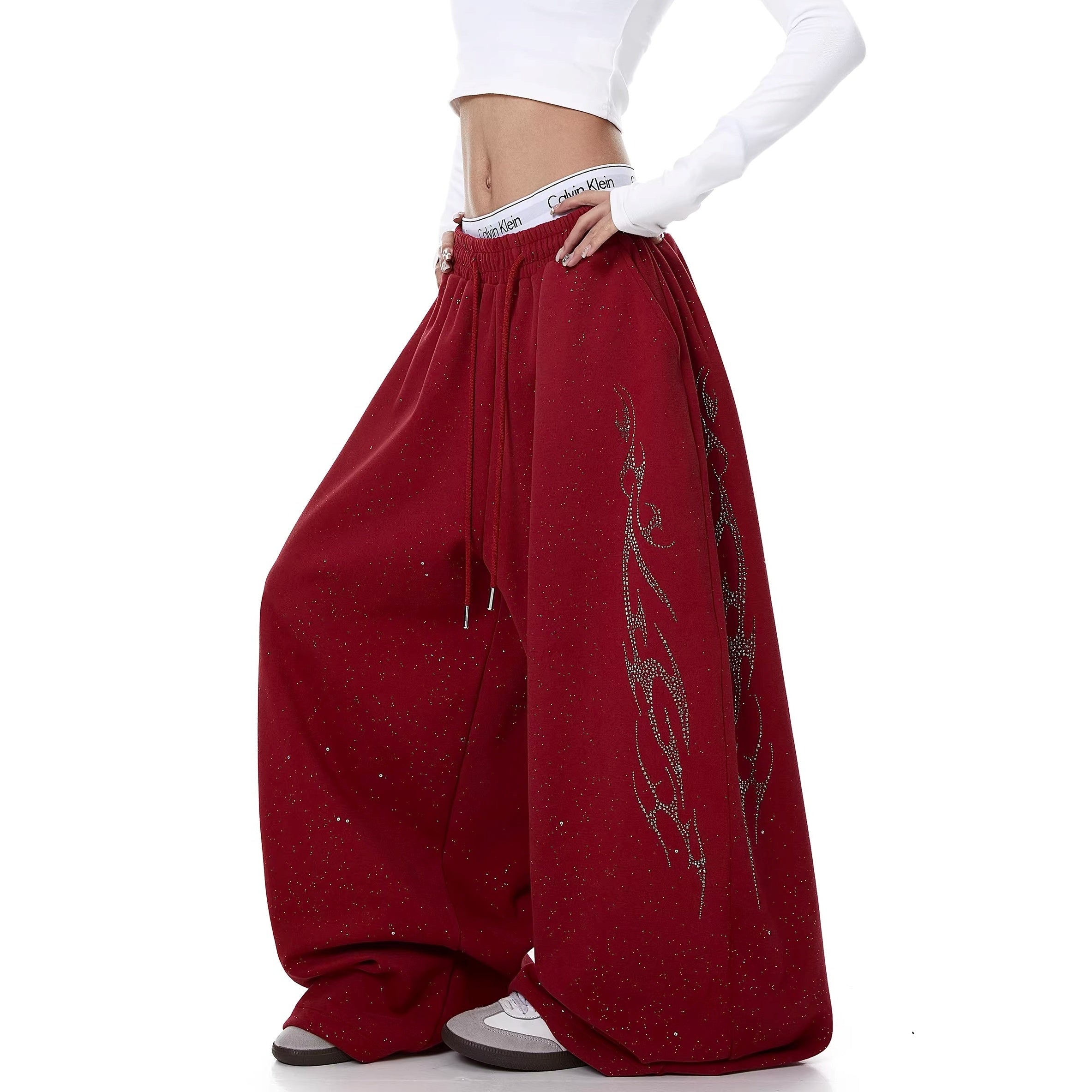 Flame Rhinestoner Wide Curve Sweat Pants MW10359