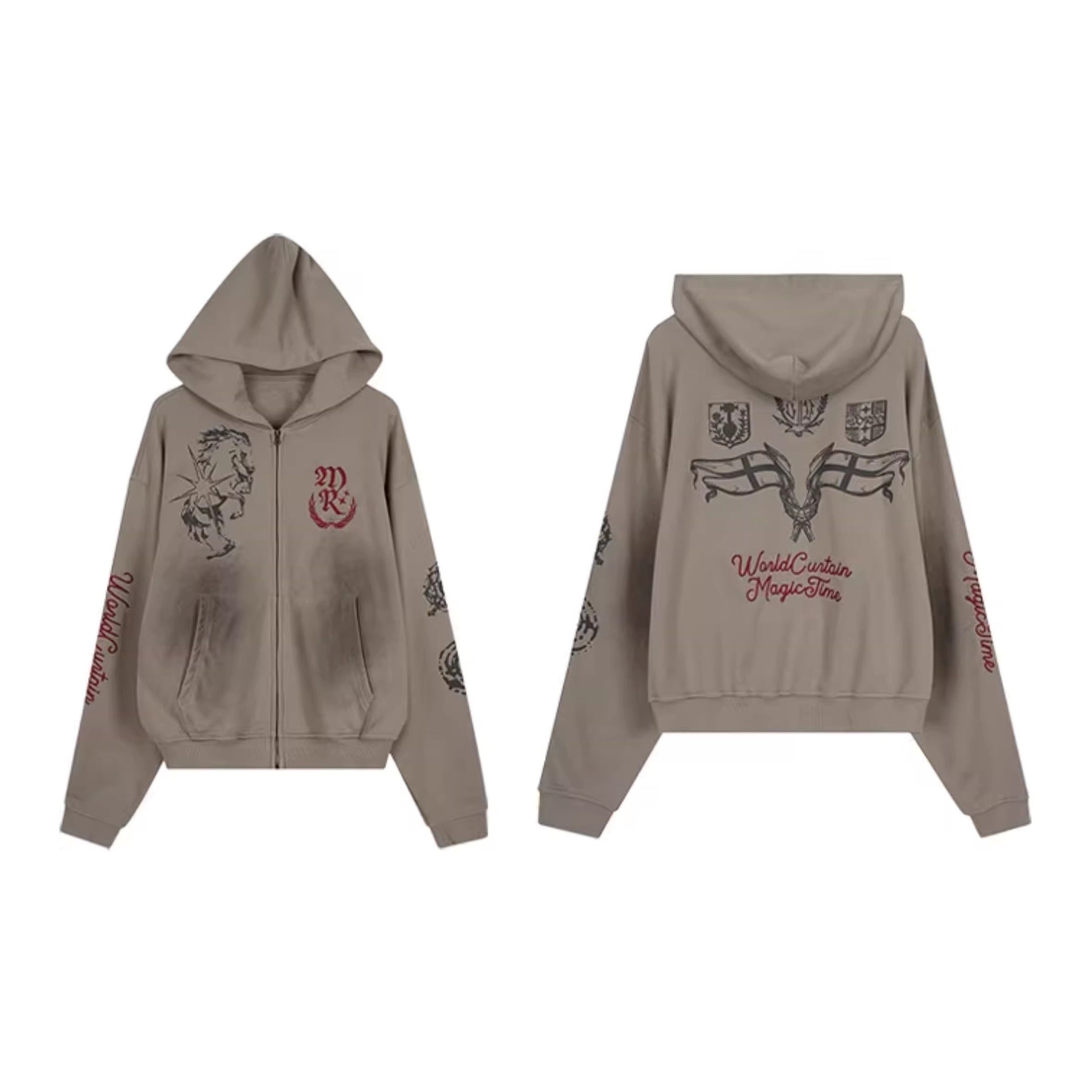 Dirty Washed Embroidery Zipper Hooded Parka MW10352