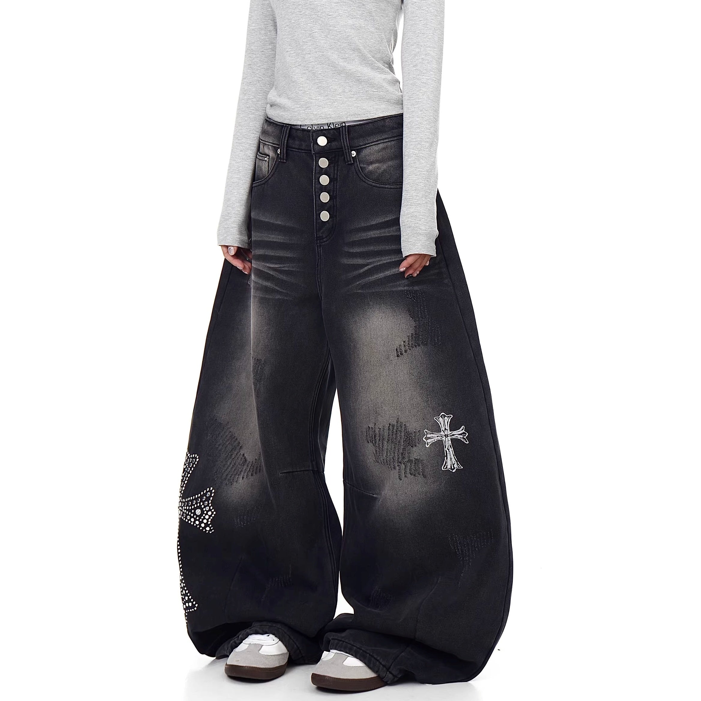 Cross Rhinestone Gothic Style Wide-Leg Jeans MW10357
