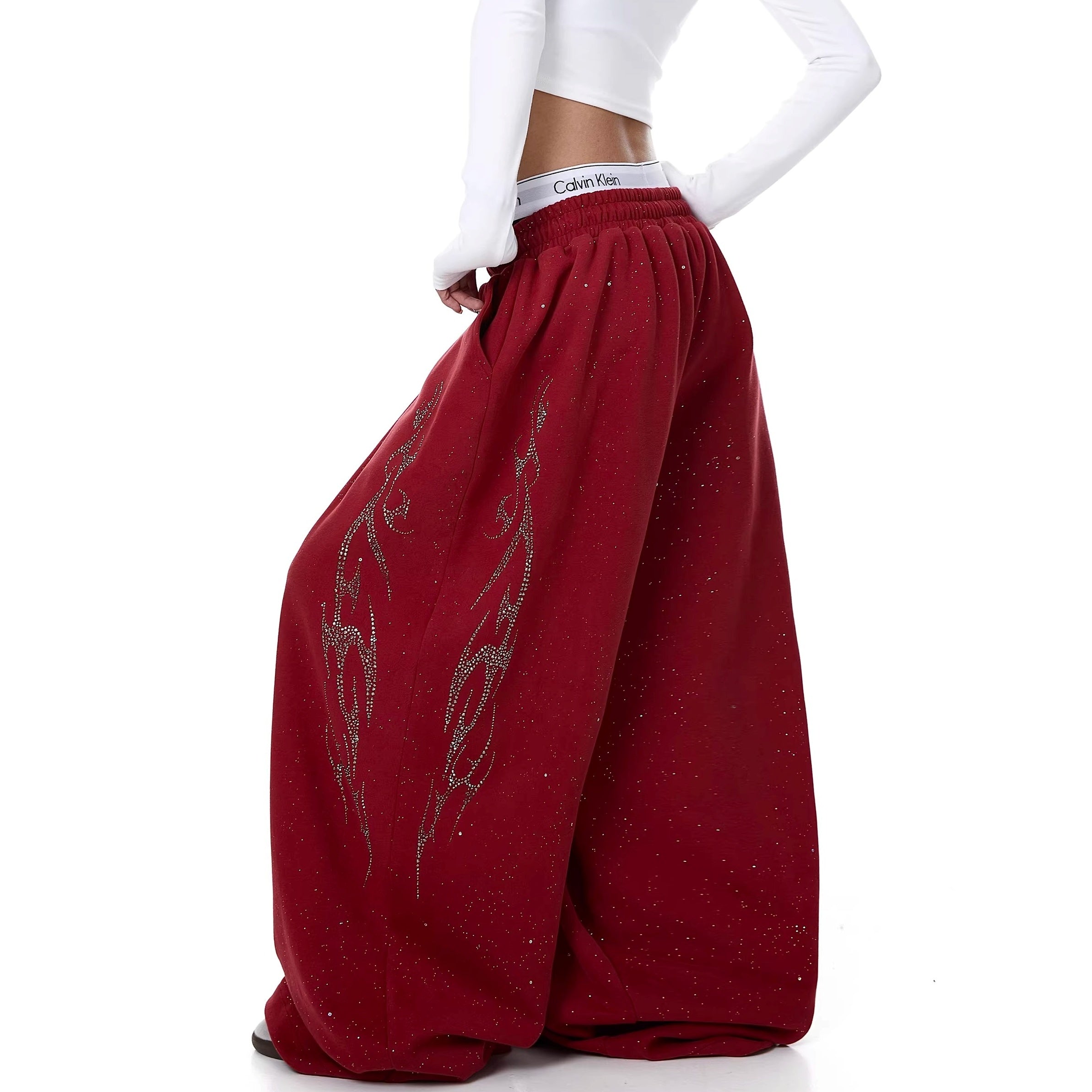 Flame Rhinestoner Wide Curve Sweat Pants MW10359