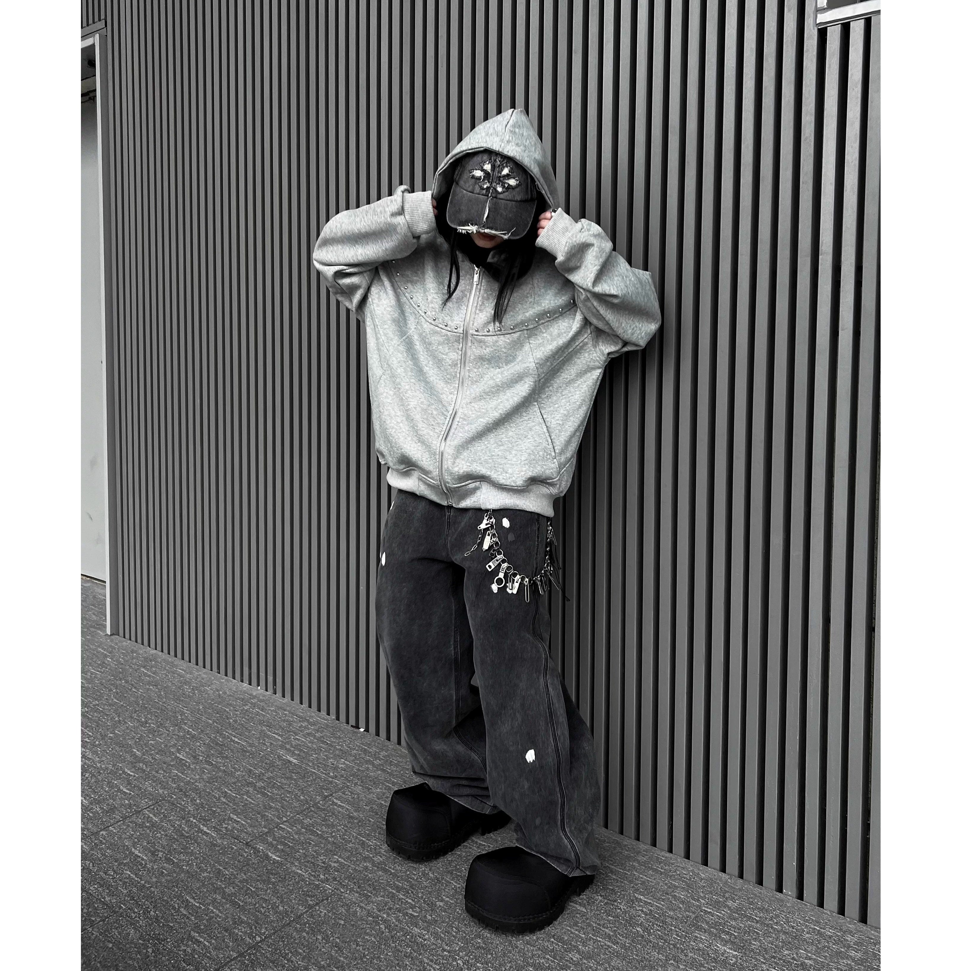 Studded Design Washed Hooded Sweat MW10346