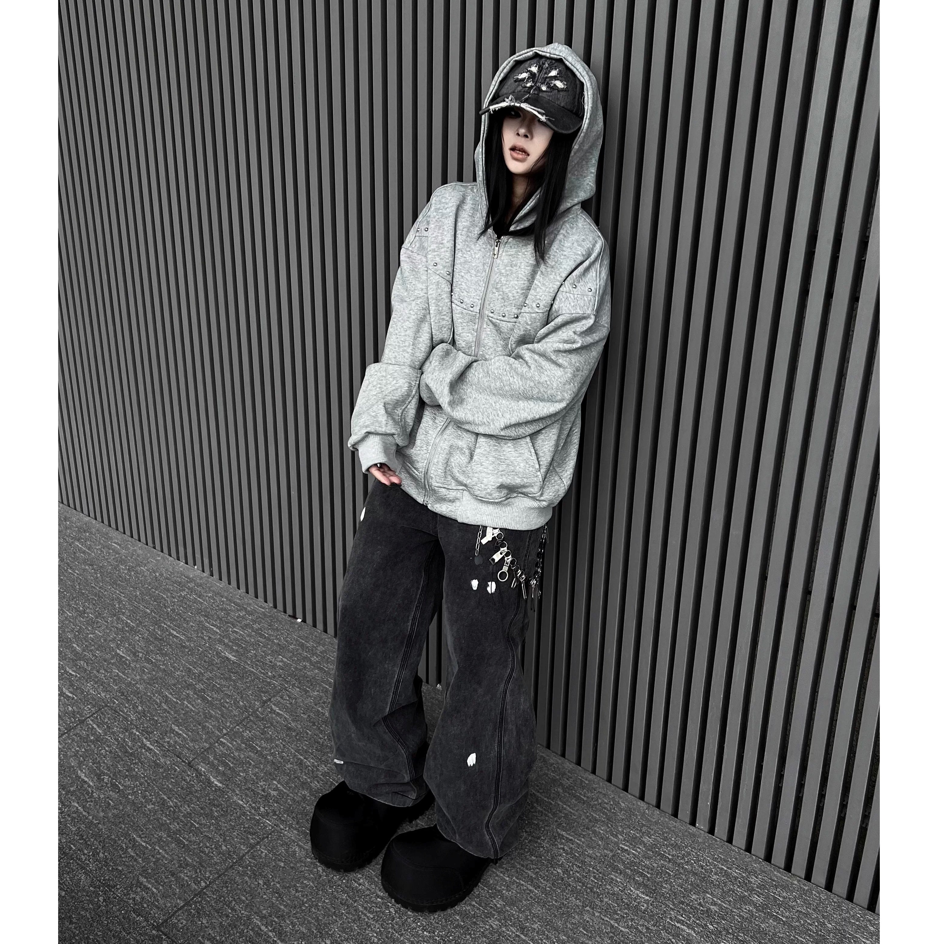 Studded Design Washed Hooded Sweat MW10346